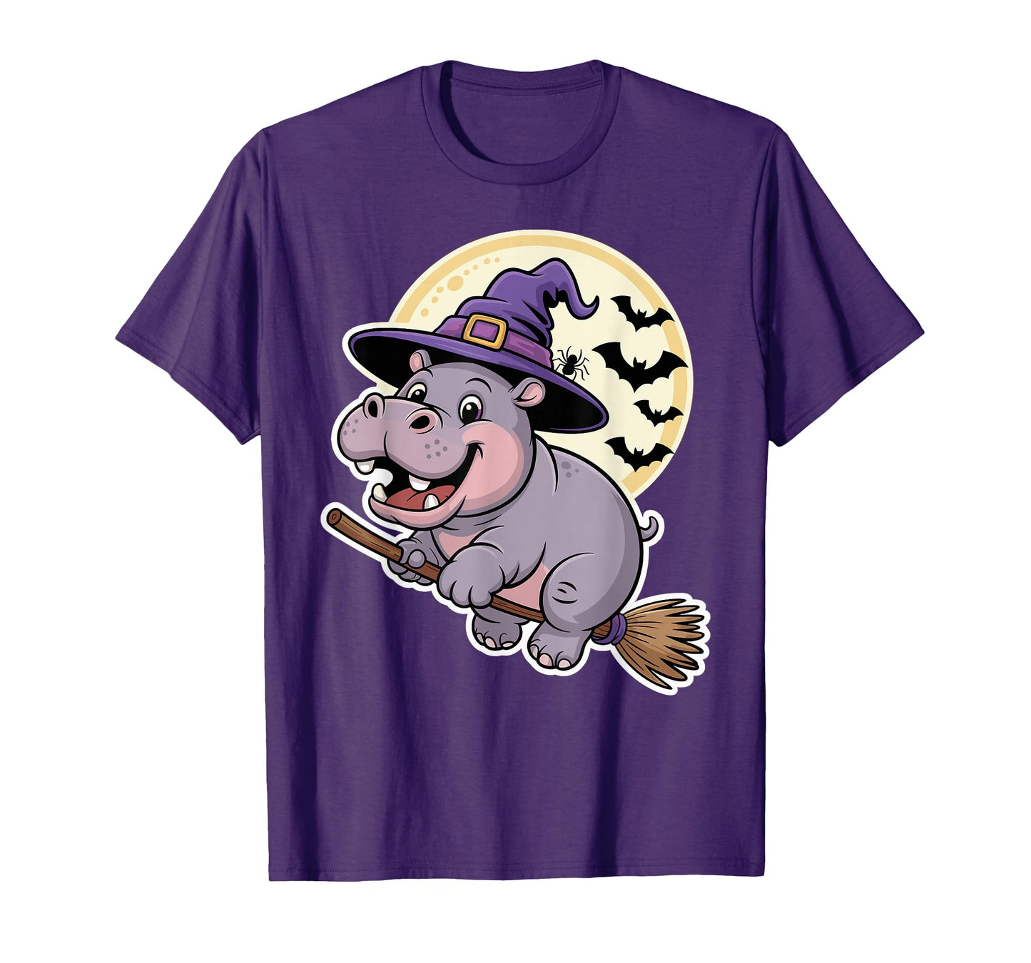 Spooky Cute Hippo Witch Riding Broom Halloween Moon T-Shirt