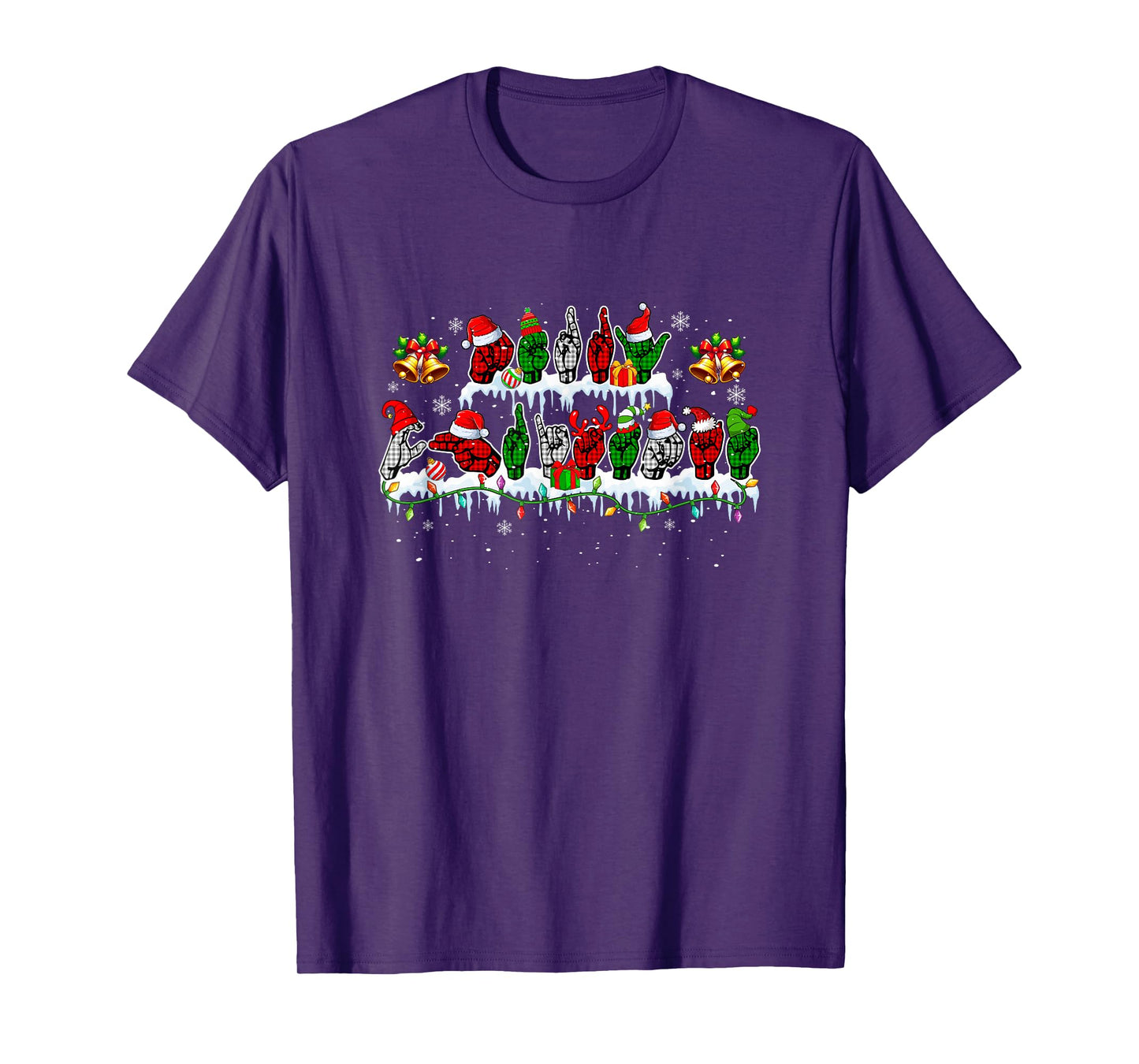 Merry Christmas Hands Sign Language Colorful Lights Santa T-Shirt