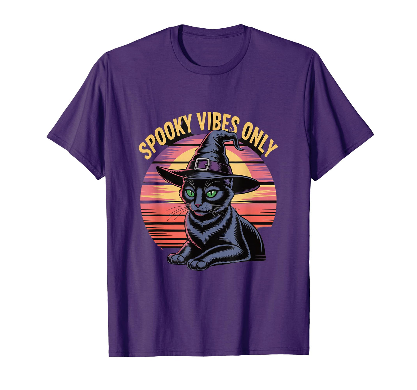 Spooky Vibes Only Cat Witch Hat Sunset Halloween T-Shirt