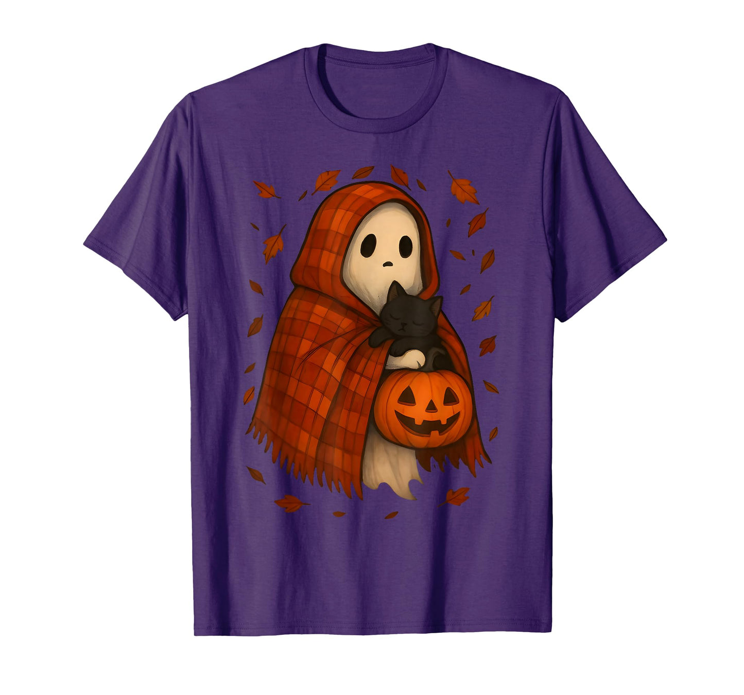 Vintage Halloween Ghost Holding Black Cat Groovy Floral T-Shirt