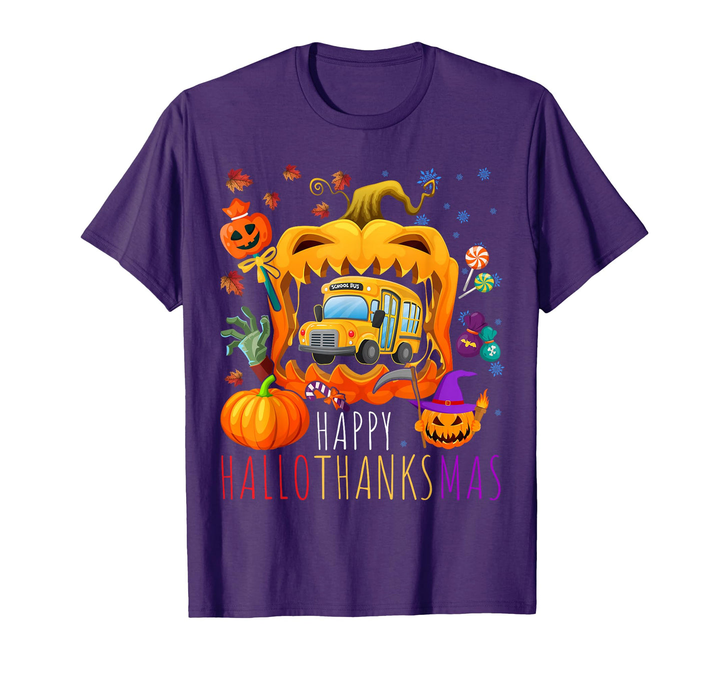 Happy Hallothanksmas School Bus Halloween Thanksgiving Xmas T-Shirt