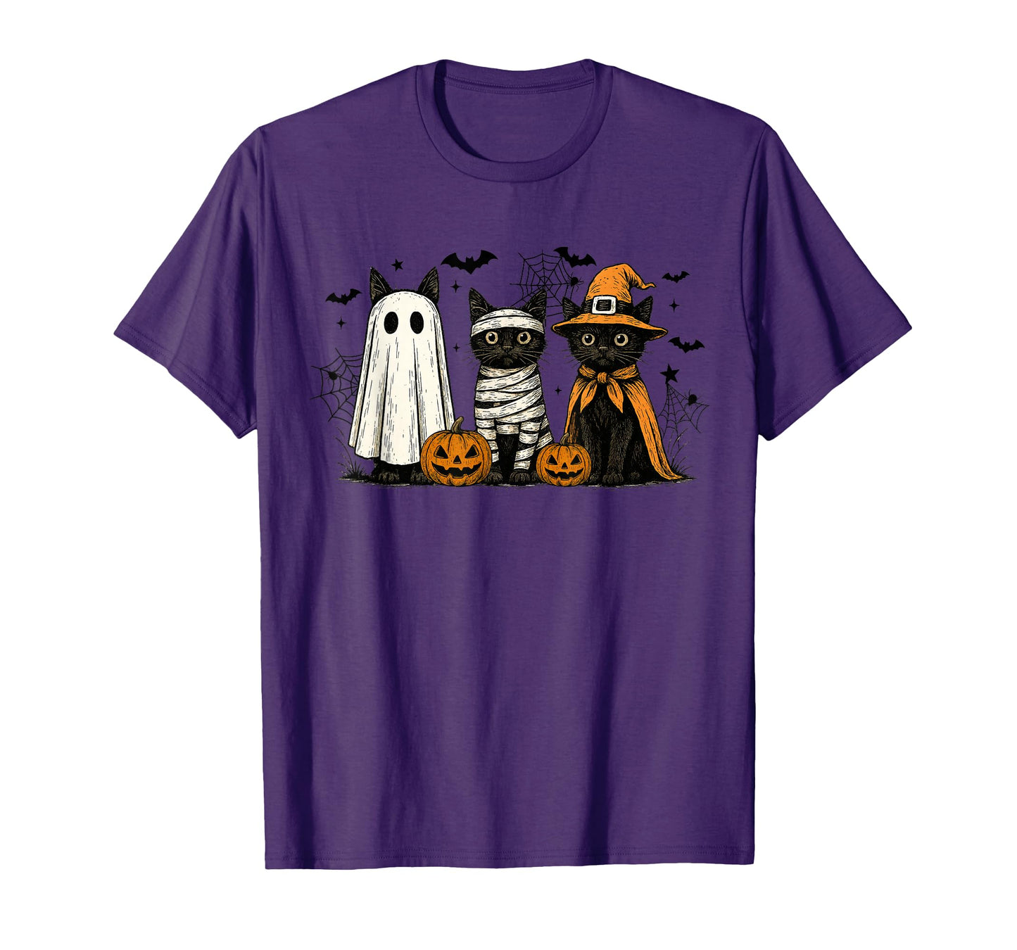 Retro Black Cat Witch Scary Halloween Pumpkin Women Men Kids T-Shirt