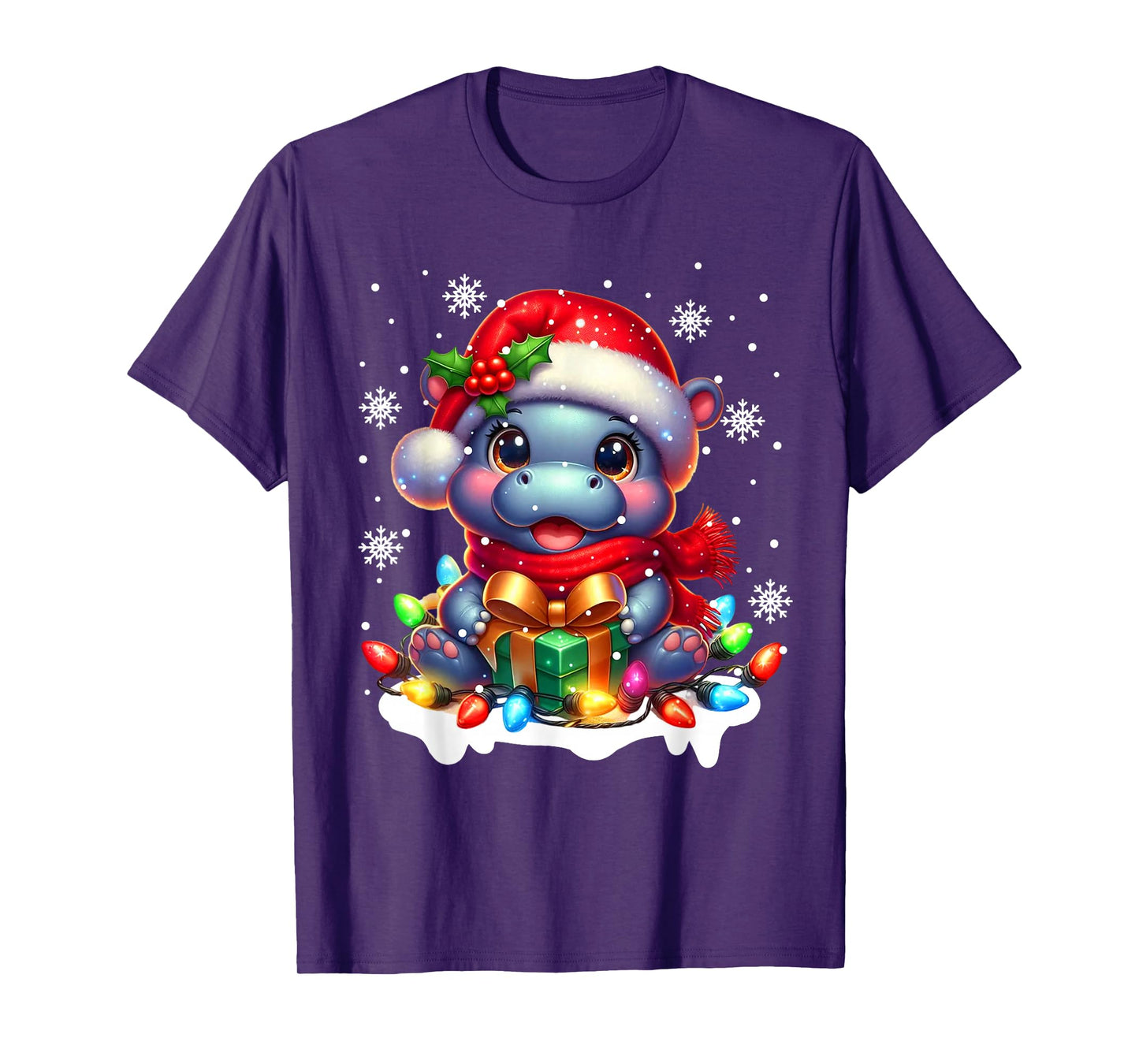 Funny Hippopotamus Santa Tangled up in Christmas Lights T-Shirt