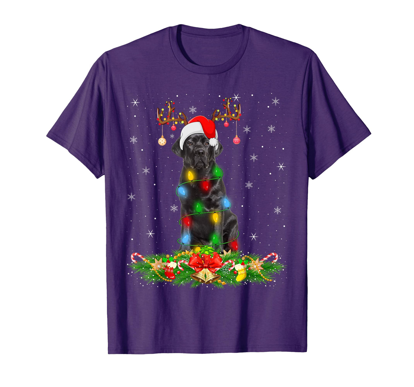 Black Labrador Retriever Dog Xmas Lights Santa Hat Christmas T-Shirt