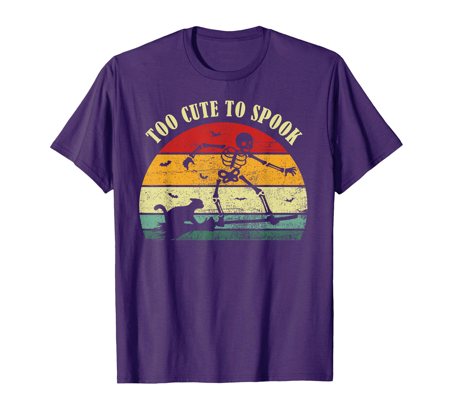 Too Cute to Spook, Funny Spooky Cat Halloween Skeleton Broom T-Shirt