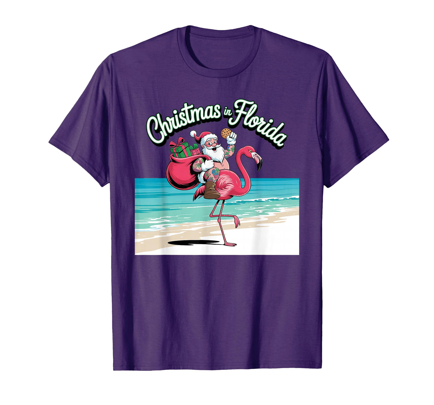 Christmas in Florida Sun Tanning Santa Riding Flamingo T-Shirt