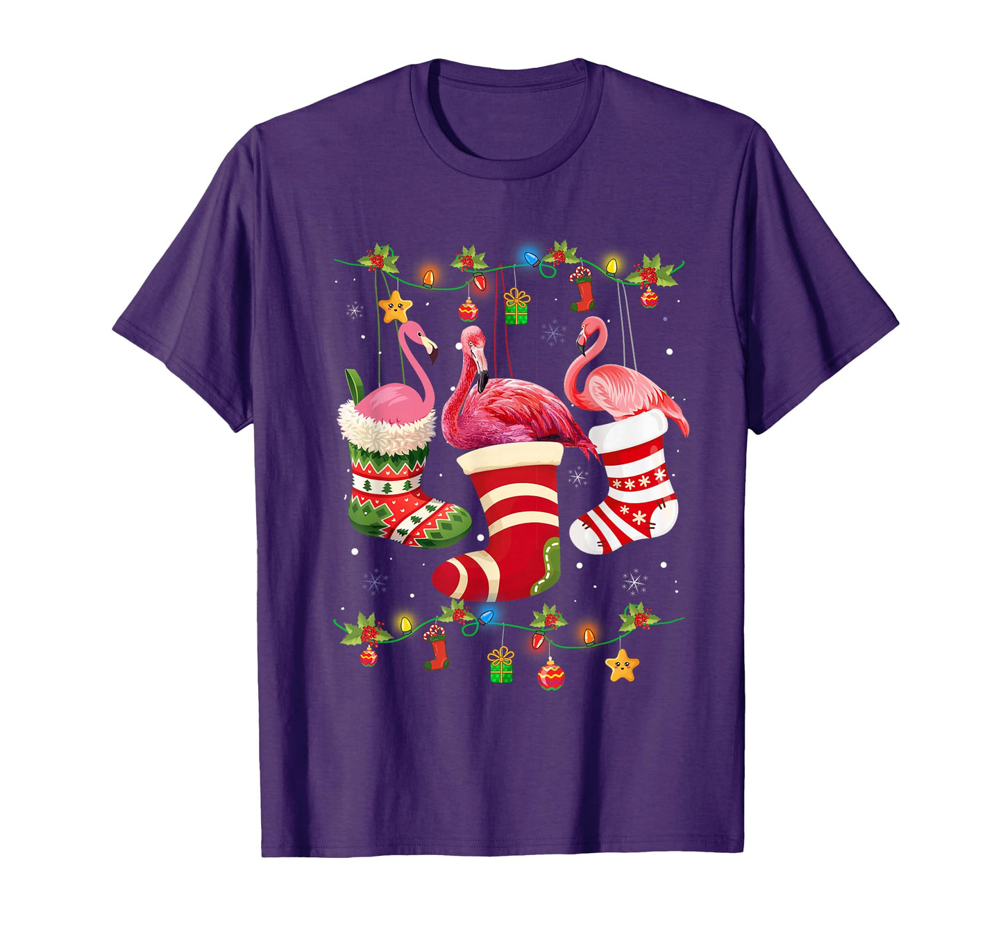 Christmas Lights Pink Flamingo Santa Hat Xmas Women Girls T-Shirt