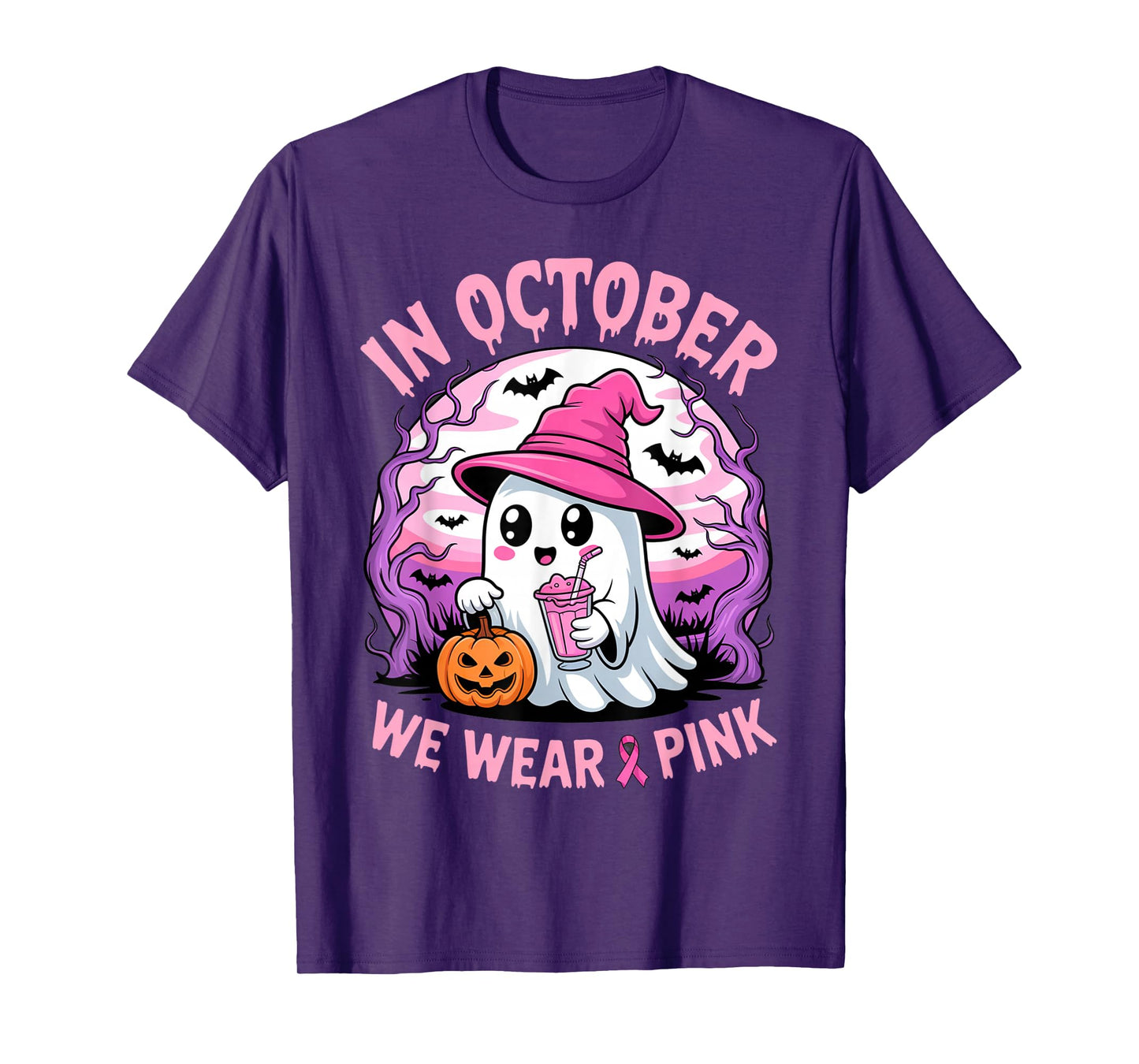 in October We Wear Pink Breast Cancer Halloween Ghost T-Shirt