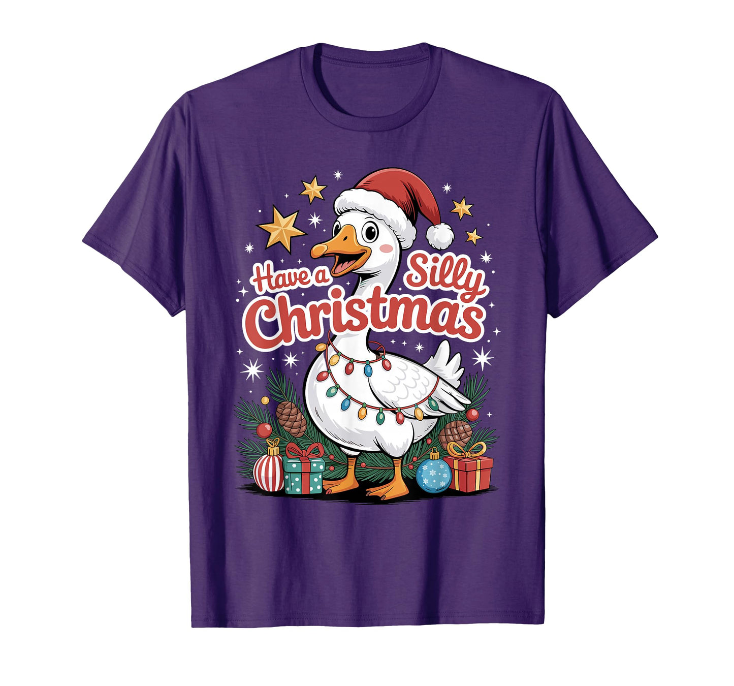 Have A Silly Christmas Funny Goose Santa Hat Lights Stars T-Shirt