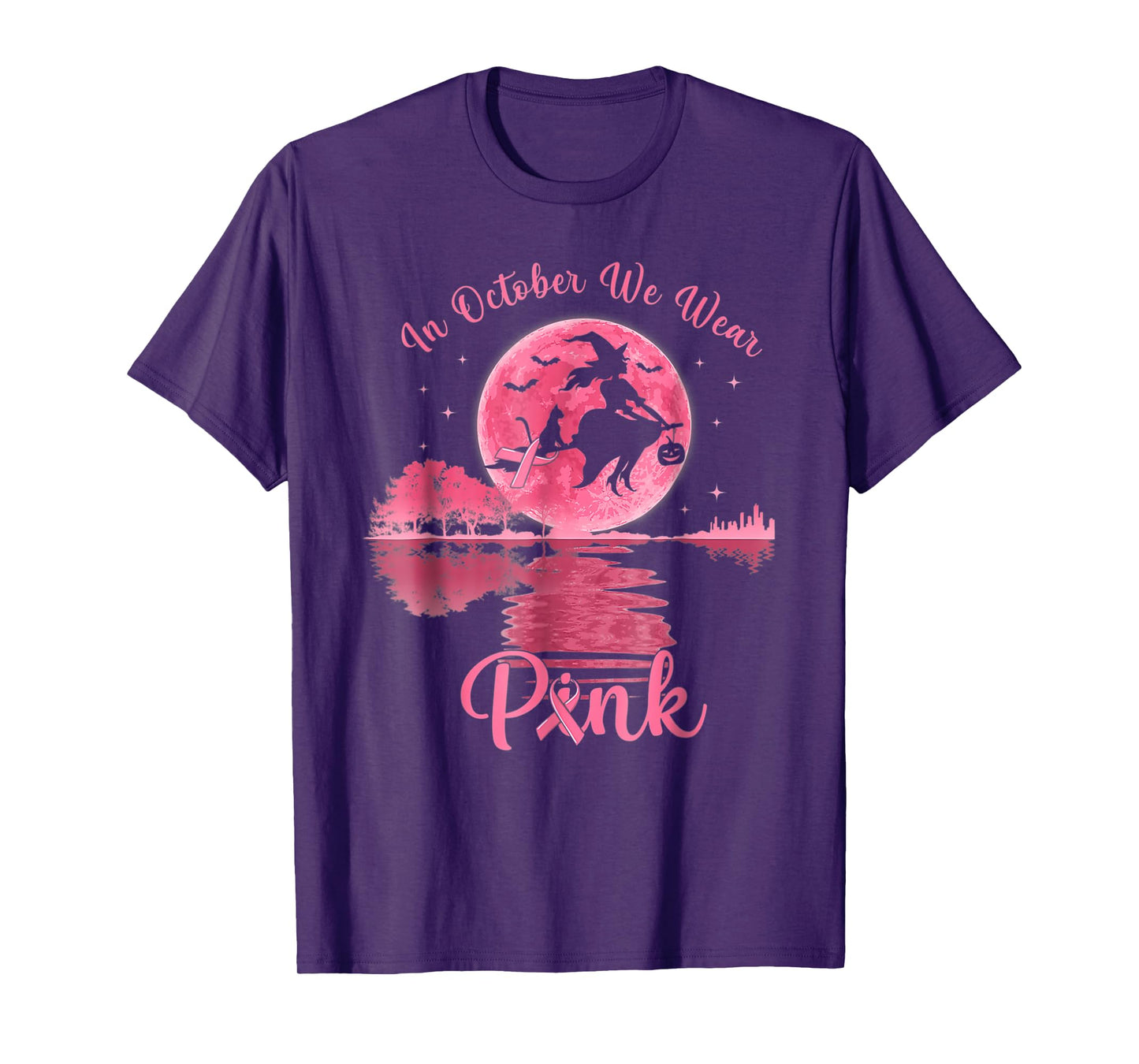 in October We Wear Pink Ribbon Witch Halloween Breast Cancer T-Shirt