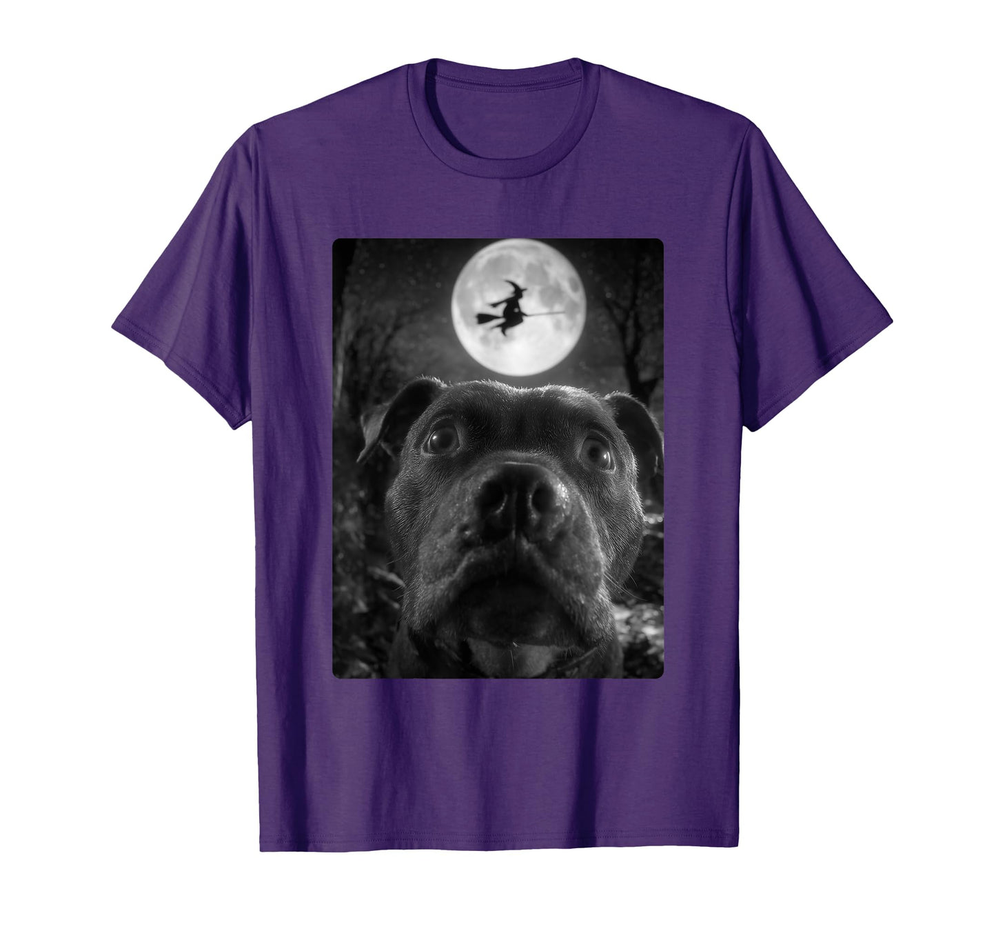 Funny Pit Bull Selfie Full Moon Flying Witch Halloween Dog T-Shirt