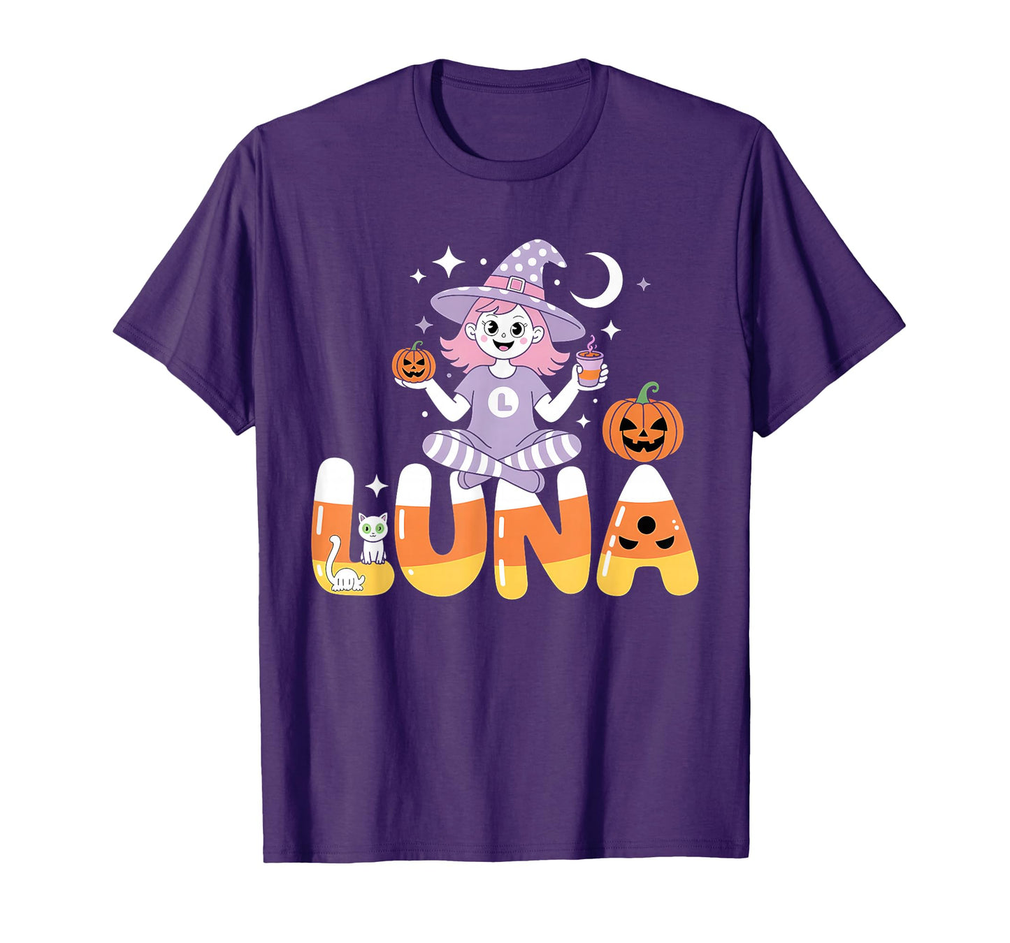 Luna Witch Candy Corn Cat Halloween Women and Girls T-Shirt