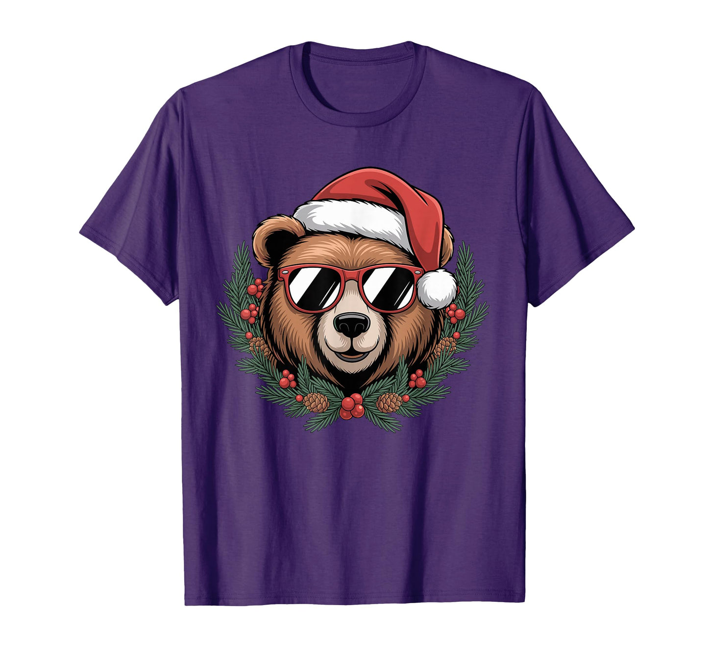 Christmas Bear with Santa Hat and Wreath Sunglasses T-Shirt