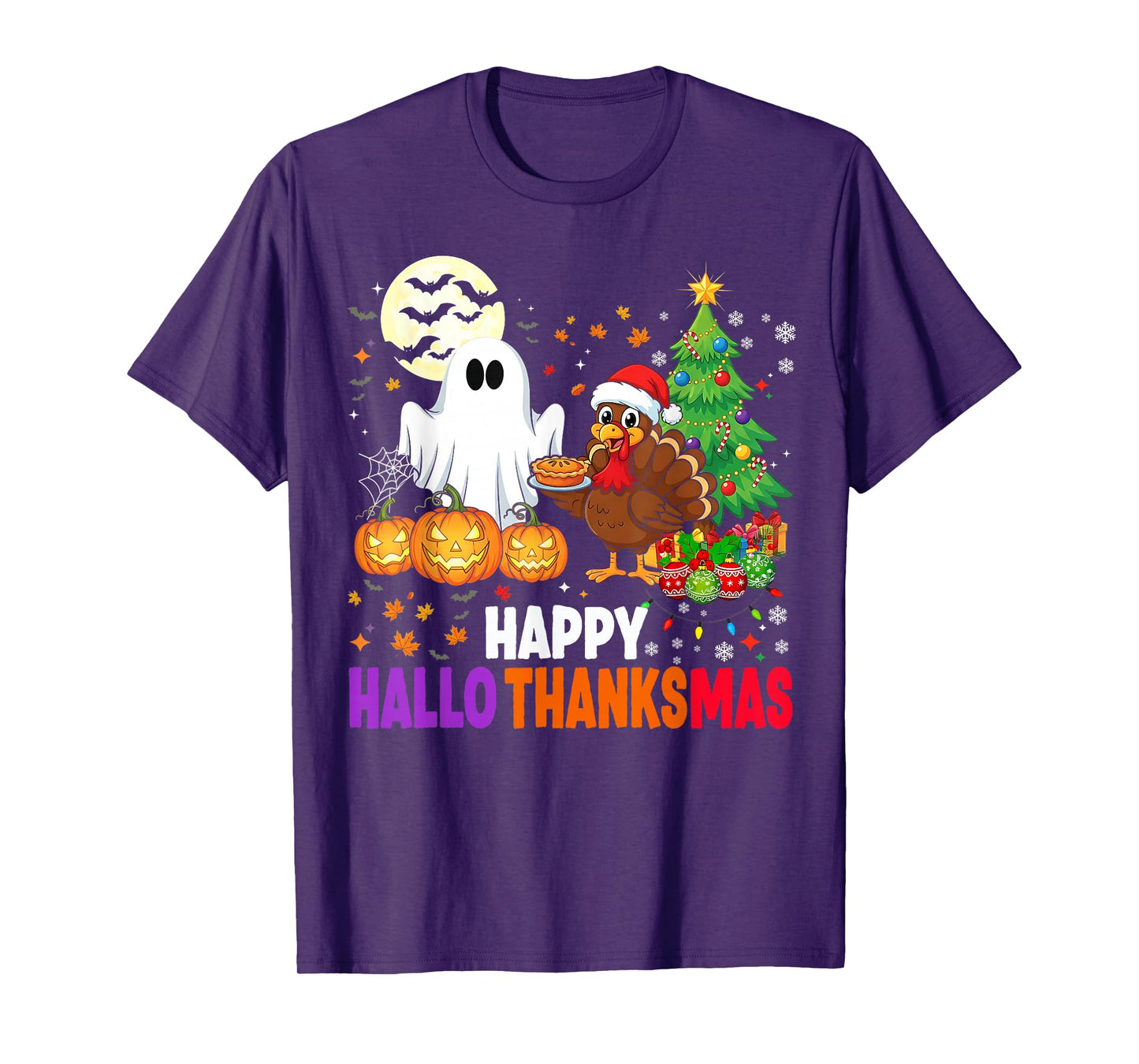Happy HalloThanksMas Ghost 2025 Funny Halloween Thanksgiving T-Shirt