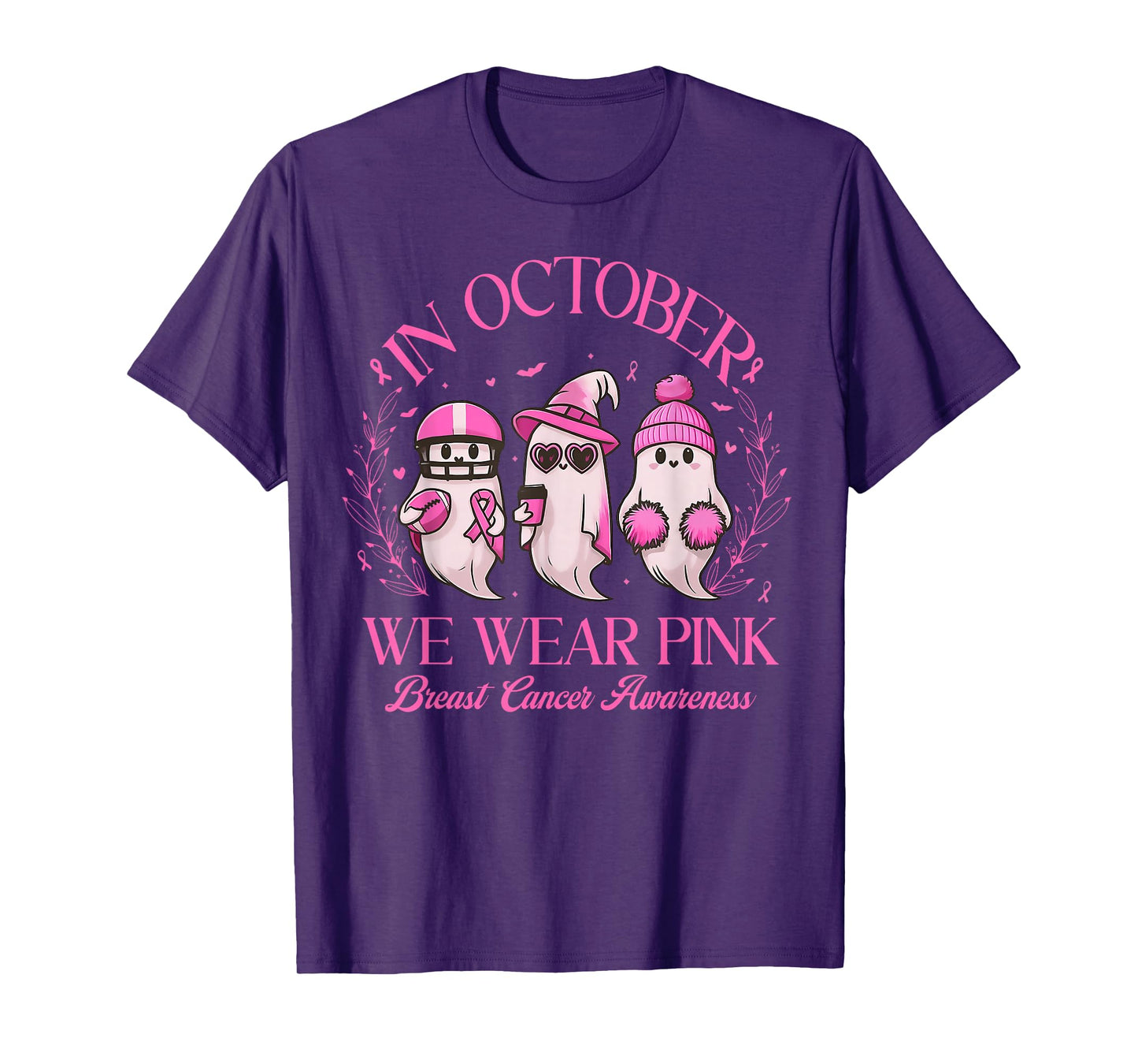 in October We Wear Pink Ghost Halloween Breast Cancer T-Shirt
