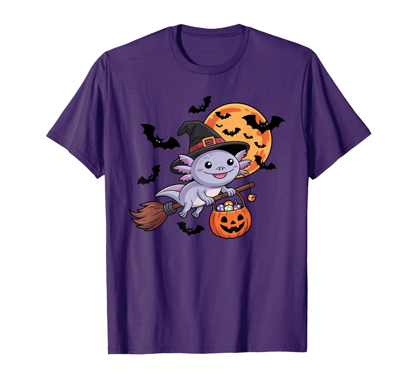 Kawaii Axolotl in Witch Hat on a Broom Halloween Costume T-Shirt