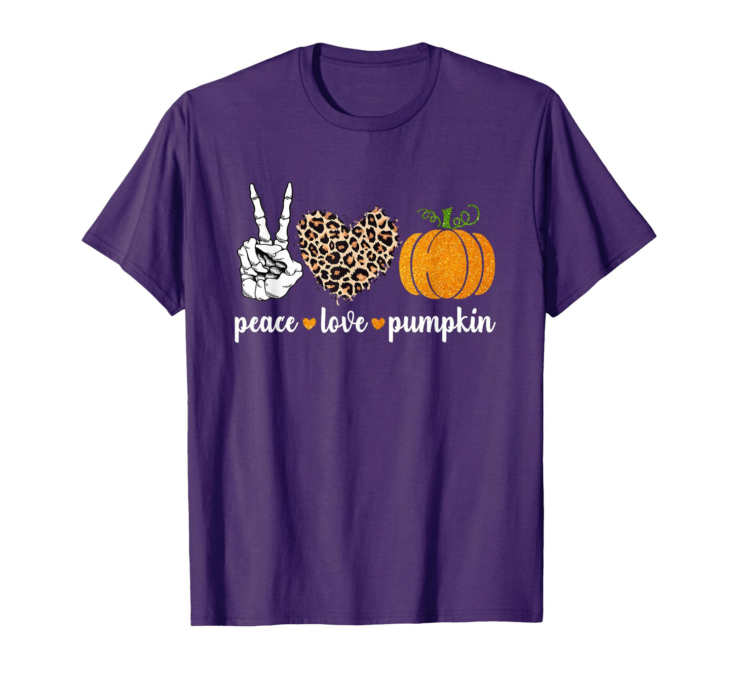 Peace Love Pumpkin Halloween Leopard Pumpkin Skeleton Hands T-Shirt
