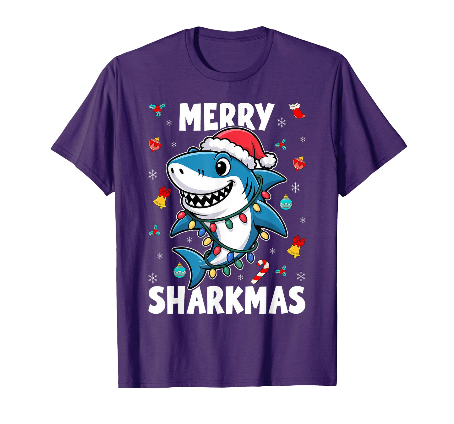 Santa Shark Christmas Lights Boys Merry Sharkmas Xmas T-Shirt