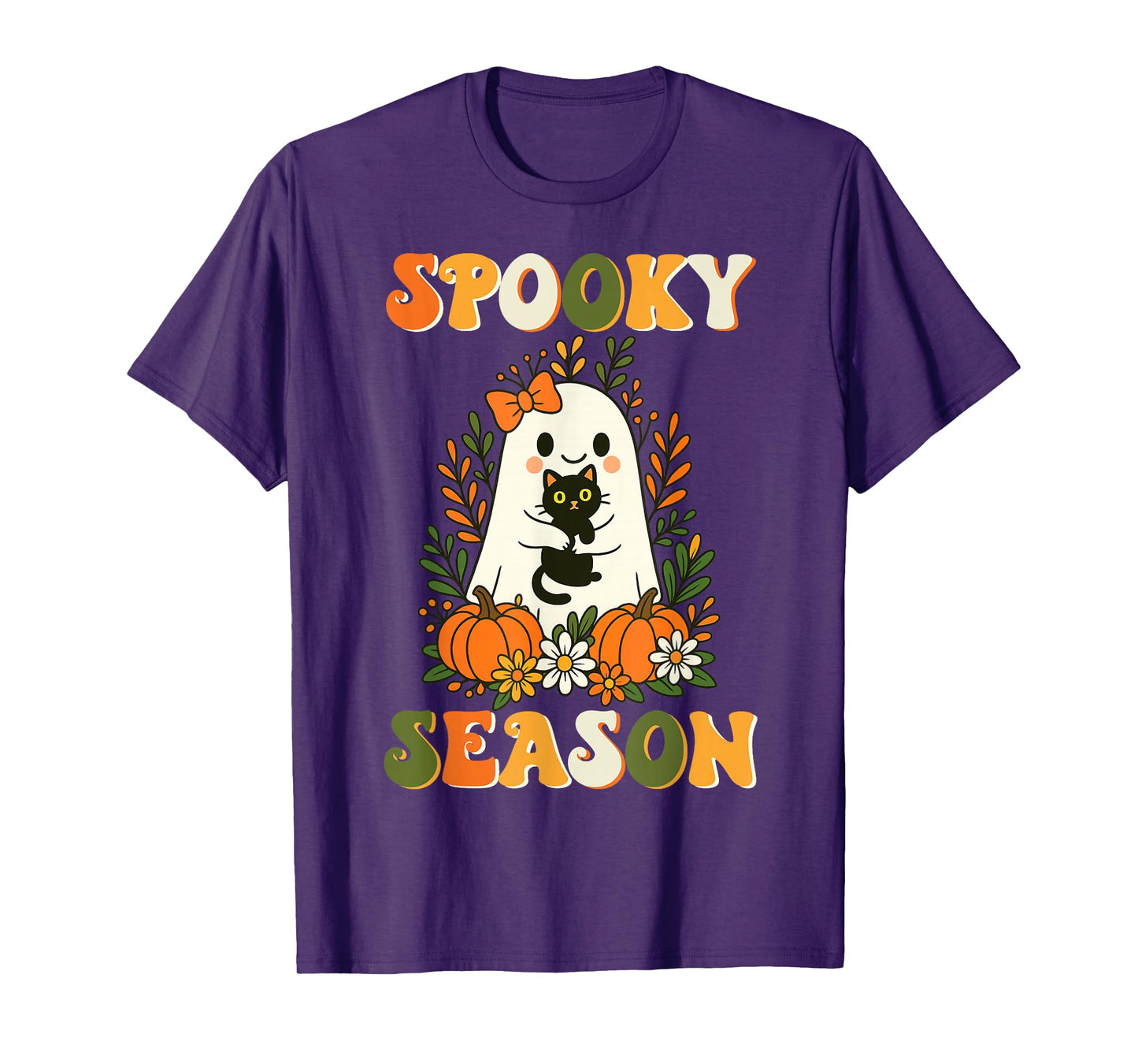 Spooky Season Ghost with Black Cat and Pumpkins Halloween T-Shirt