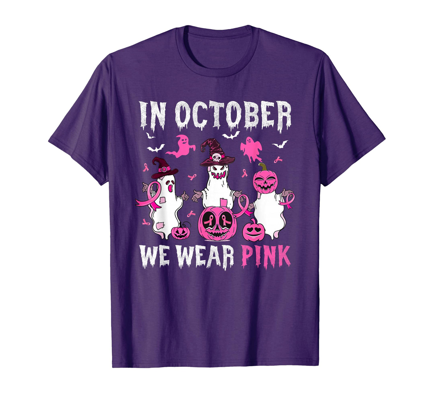 in October We Wear Pink Breast Cancer Awareness Halloween T-Shirt