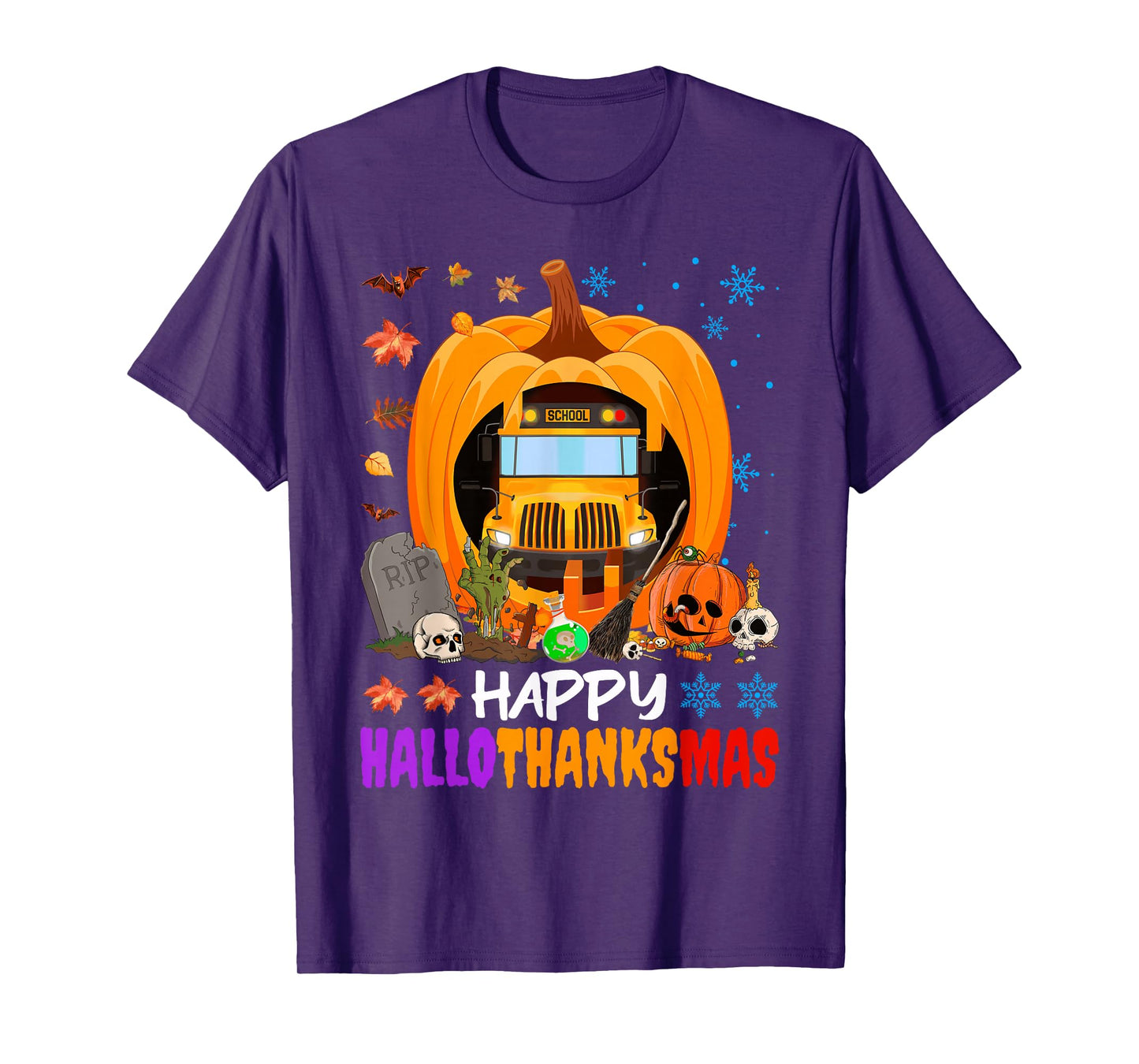 Happy Hallothanksmas School Bus Halloween Thanksgiving Xmas T-Shirt