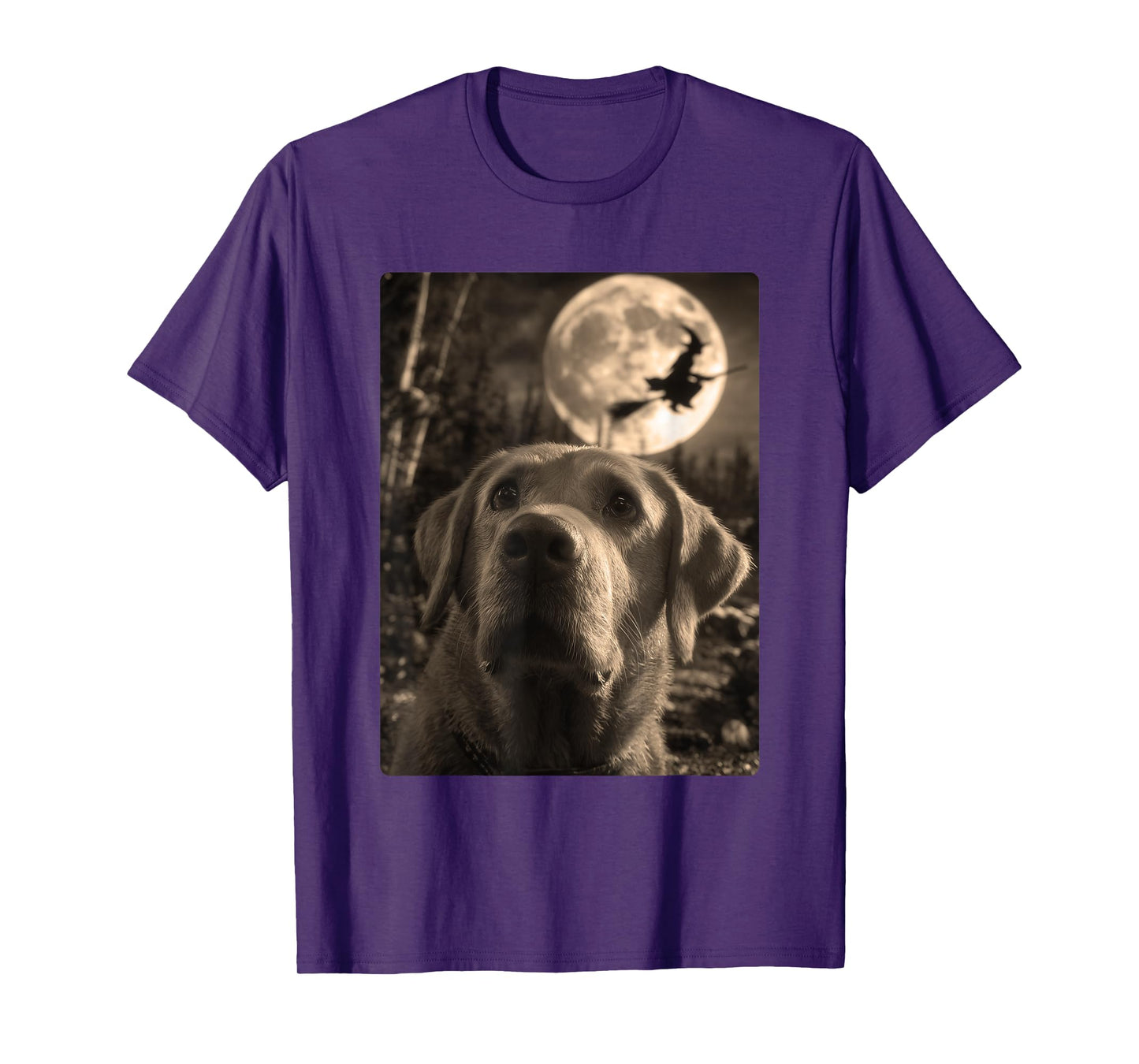 Funny Labrador Selfie Full Moon Flying Witch Halloween Dog T-Shirt