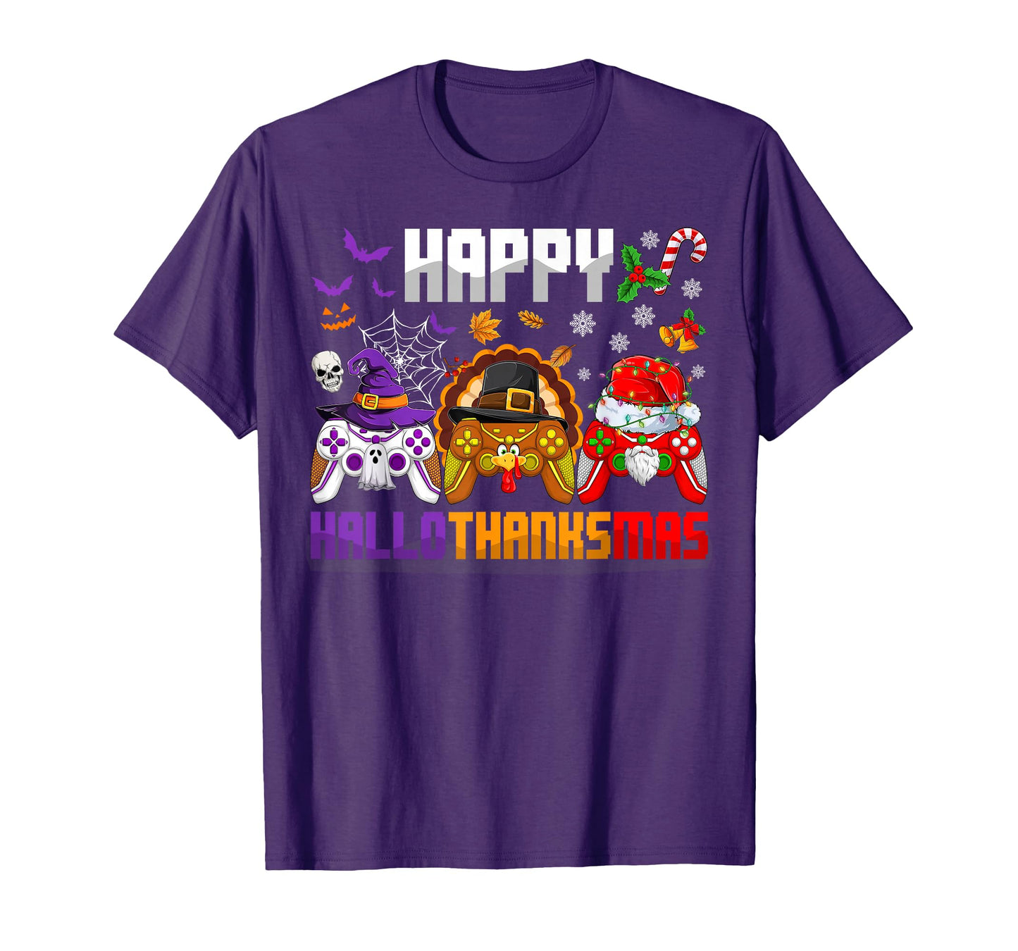 Happy Hallothanksmas Gamers Halloween Thanksgiving Christmas T-Shirt