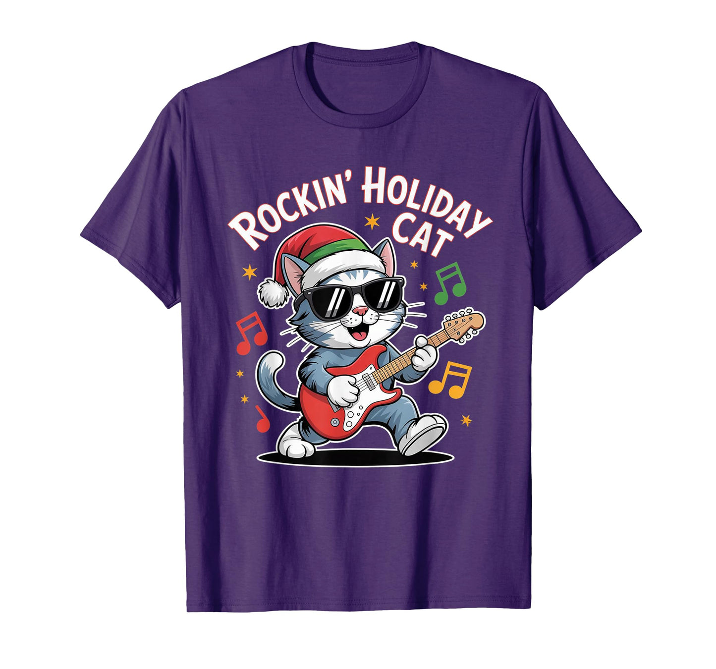 Christmas Santa Hat Cat Playing Guitar Rock and Roll T-Shirt