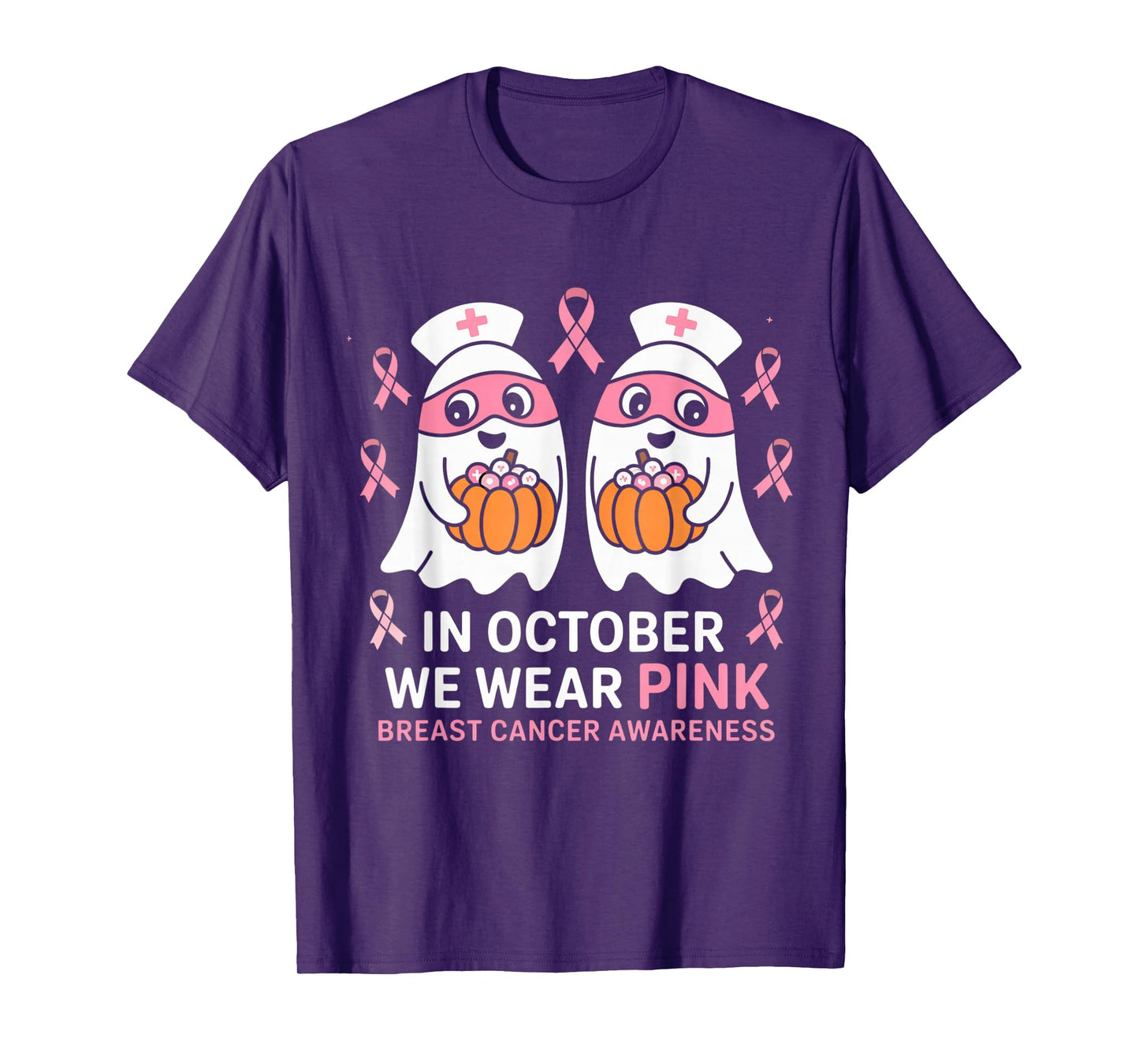 in October We Wear Pink Ghost Witch Breast Cancer Awareness T-Shirt