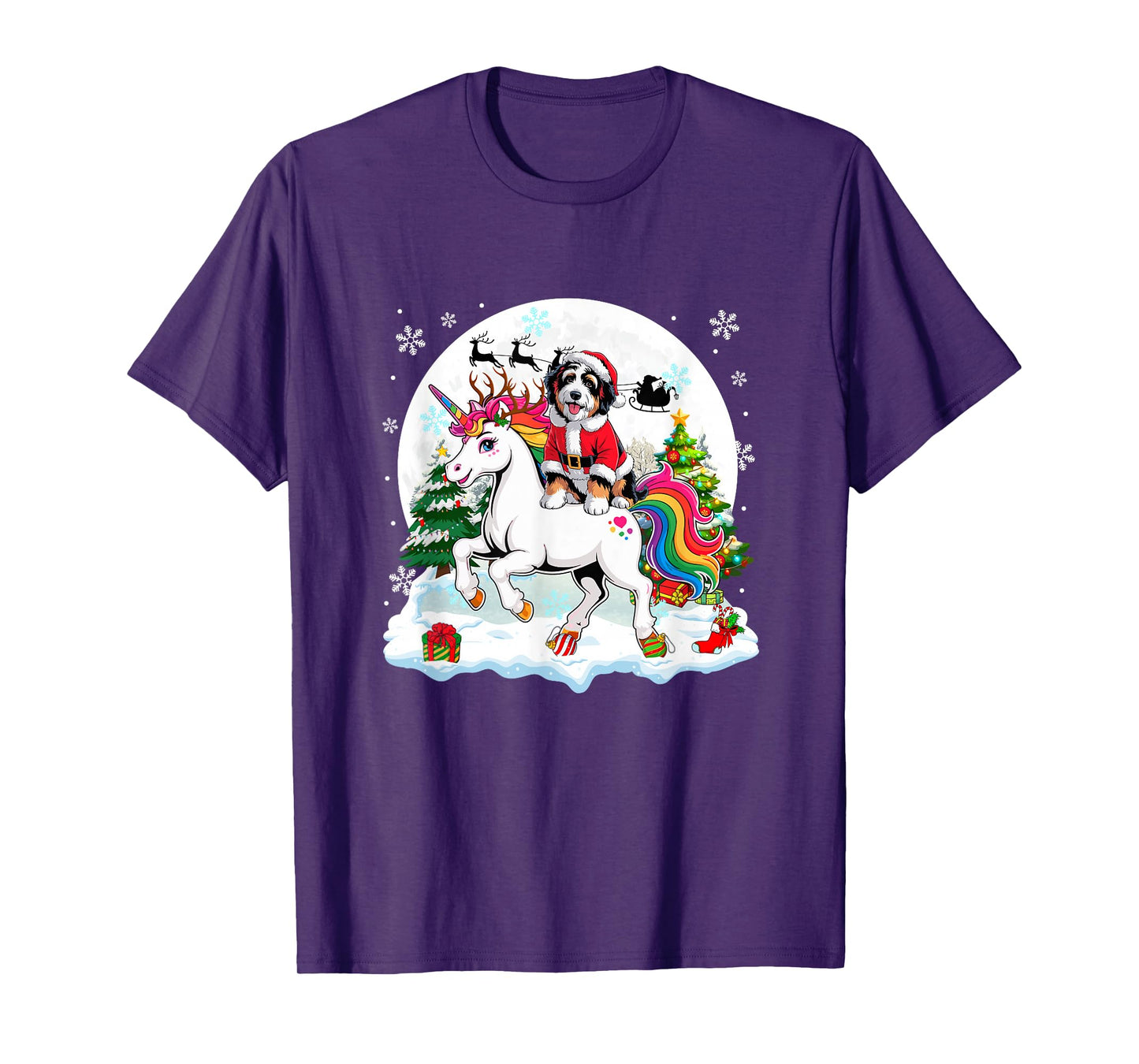 Santa Bernedoodle Riding Unicorn Reindeer Christmas Owner T-Shirt