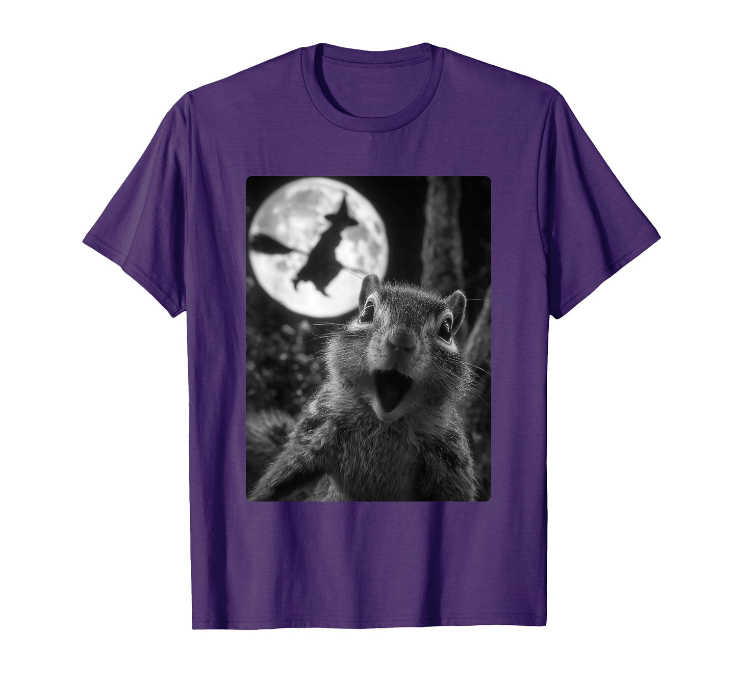 Funny Chipmunk Selfie with Full Moon Flying Witch Halloween T-Shirt