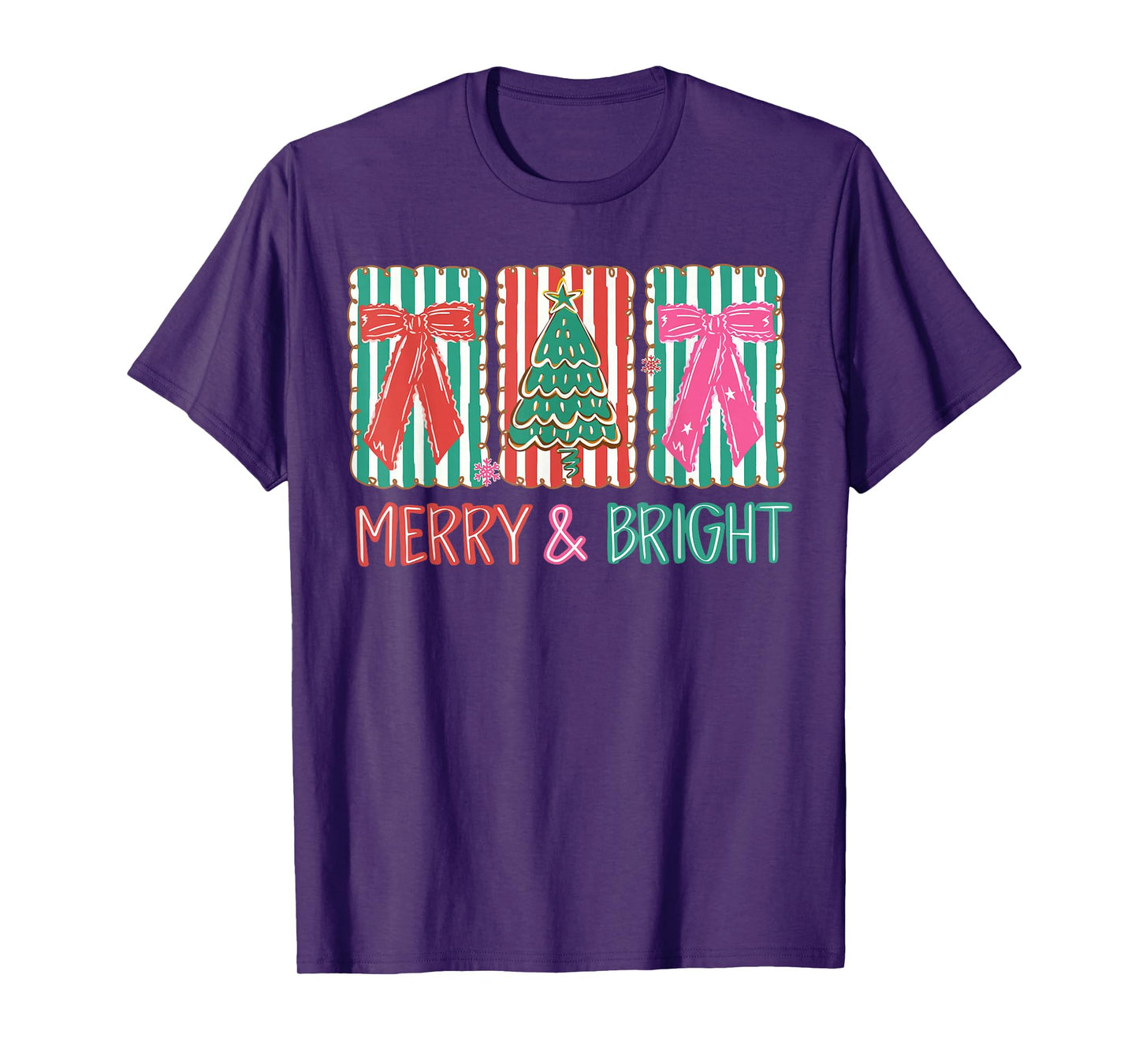 Merry & Bright Christmas Xmas Tree Coquette Bow Holiday T-Shirt