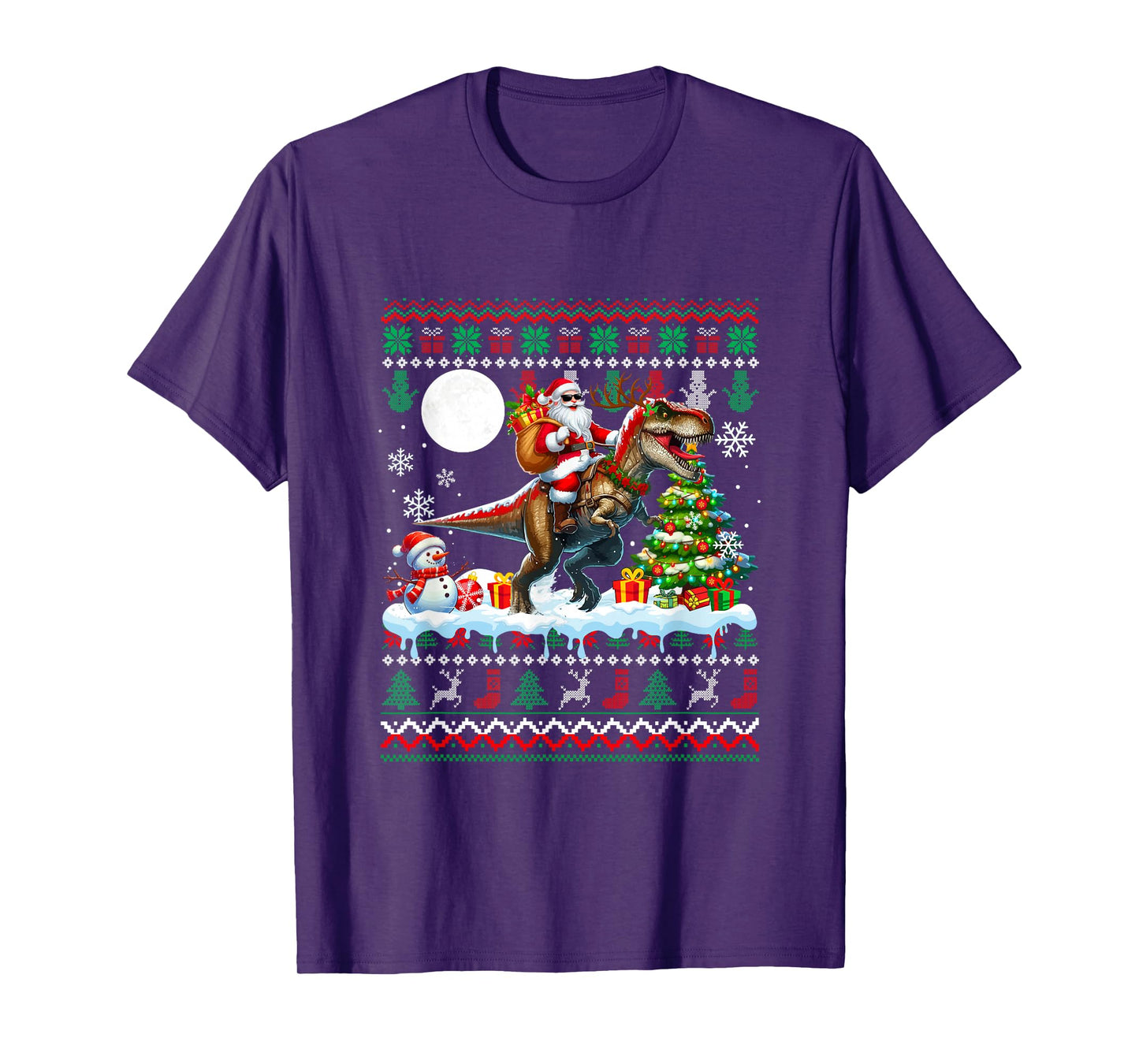Santa Sunglasses Riding T-Rex Christmas Sweater Snowman T-Shirt