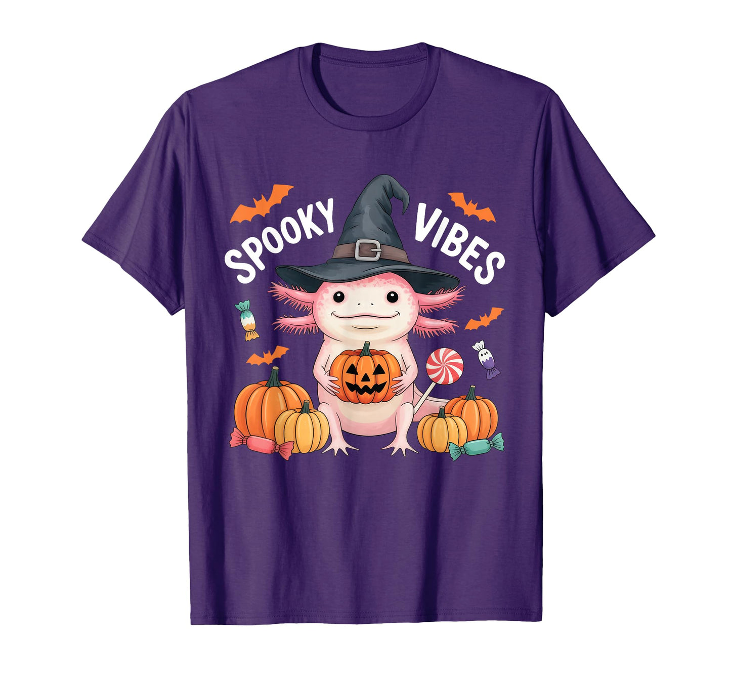 Spooky Axolotl Witch Hat Pumpkin Candy Cute Halloween Vibes T-Shirt