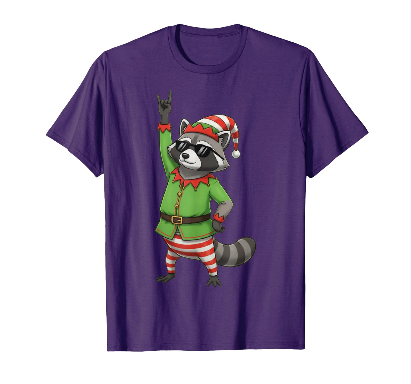 Funny Christmas Raccoon Dressed as Elf with Sunglasses T-Shirt
