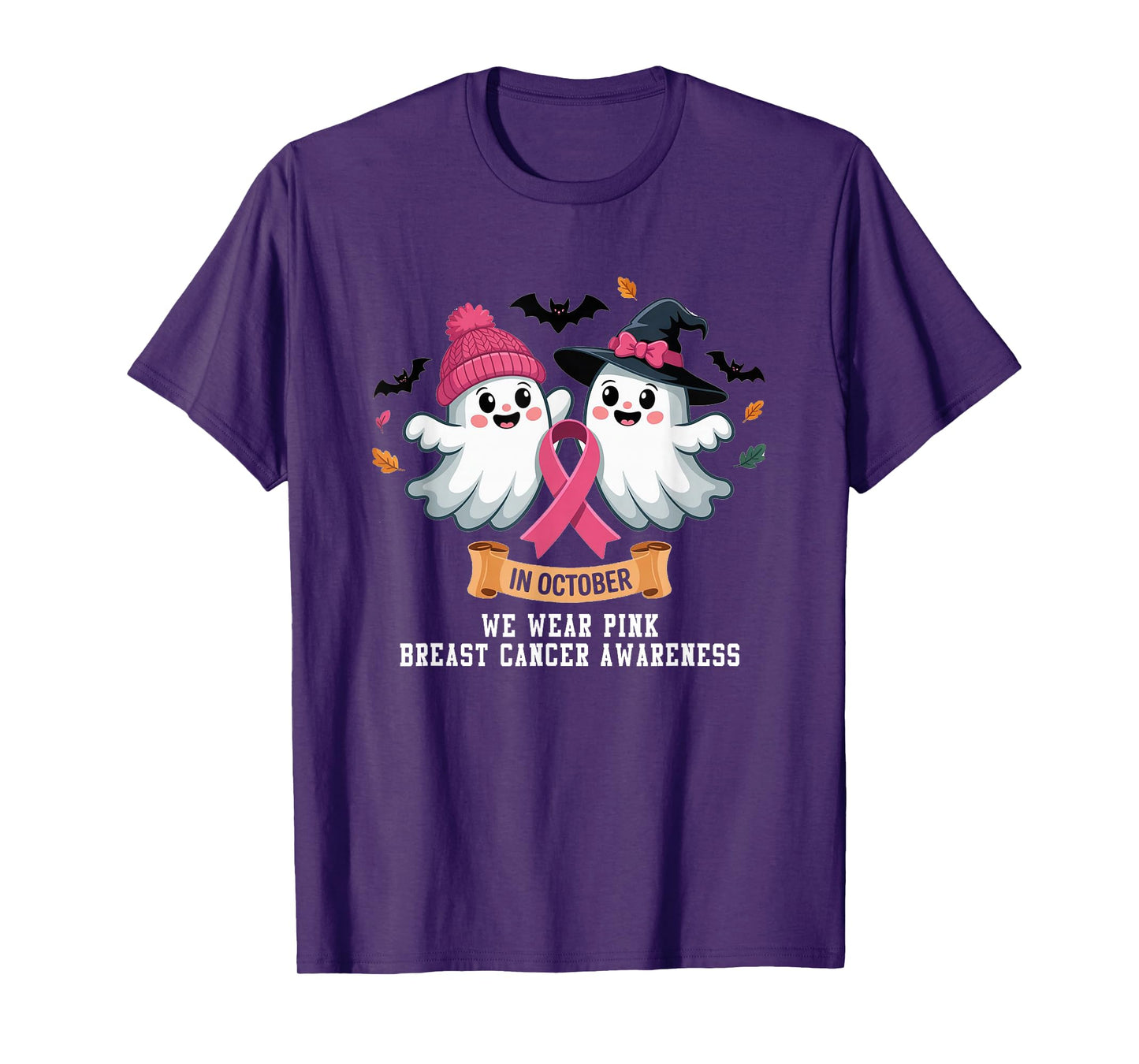 in October We Wear Pink Ghost Witch Breast Cancer Awareness T-Shirt