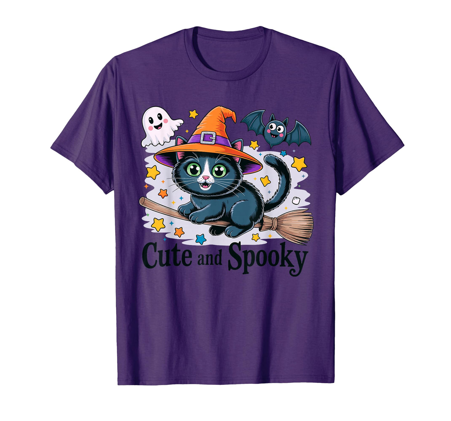 Adorable Halloween Witch Cat On Broom with Spooky Ghost T-Shirt