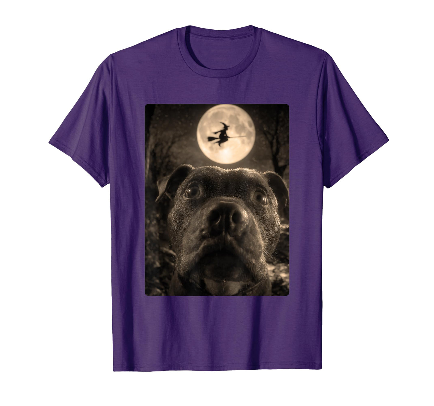 Funny Pit Bull Selfie Full Moon Flying Witch Halloween Dog T-Shirt