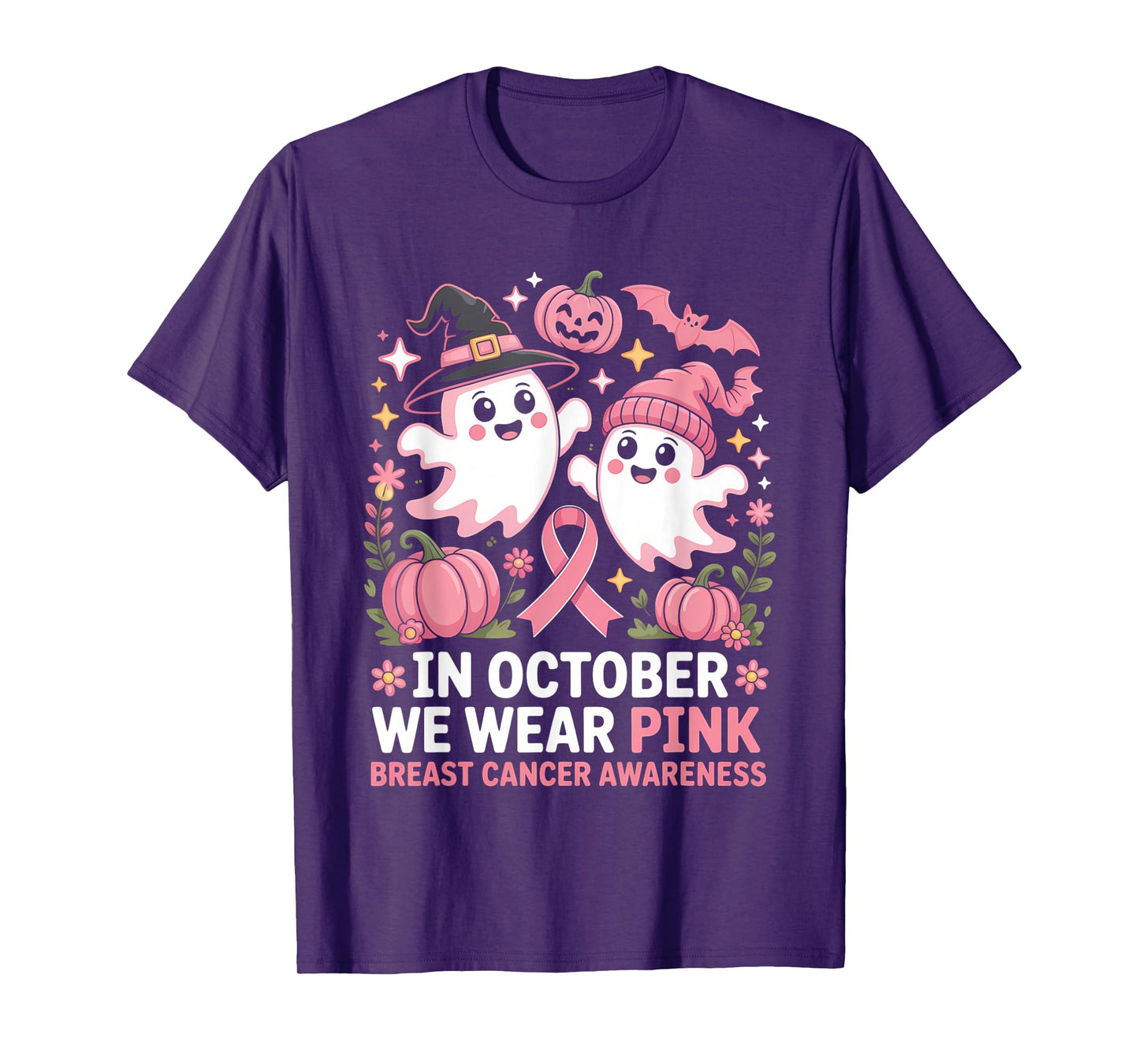 in October We Wear Pink Ghost Witch Breast Cancer Awareness T-Shirt