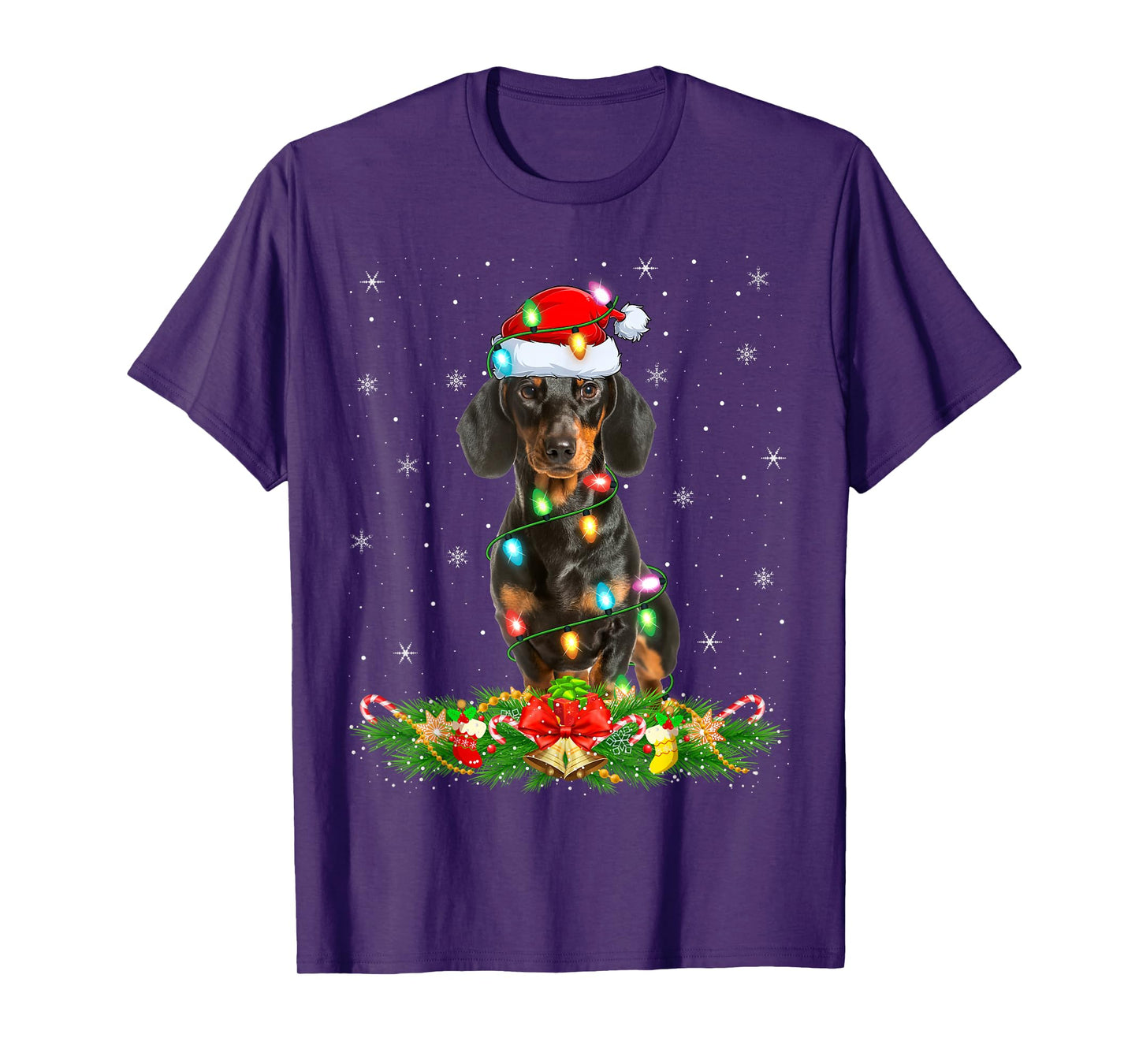 Dachshund Dog Christmas Lights Funny Santa Hat Xmas T-Shirt