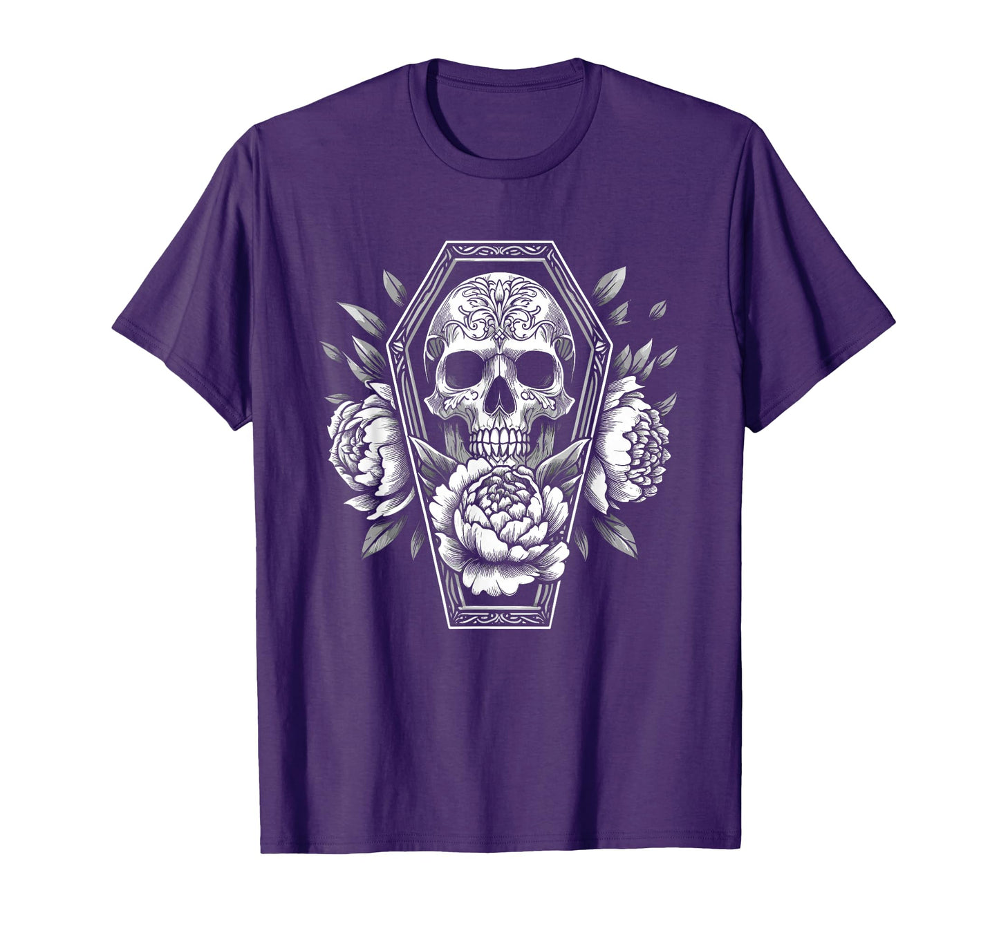 Goth Skull and Roses in Coffin Halloween Spooky Occult Pagan T-Shirt