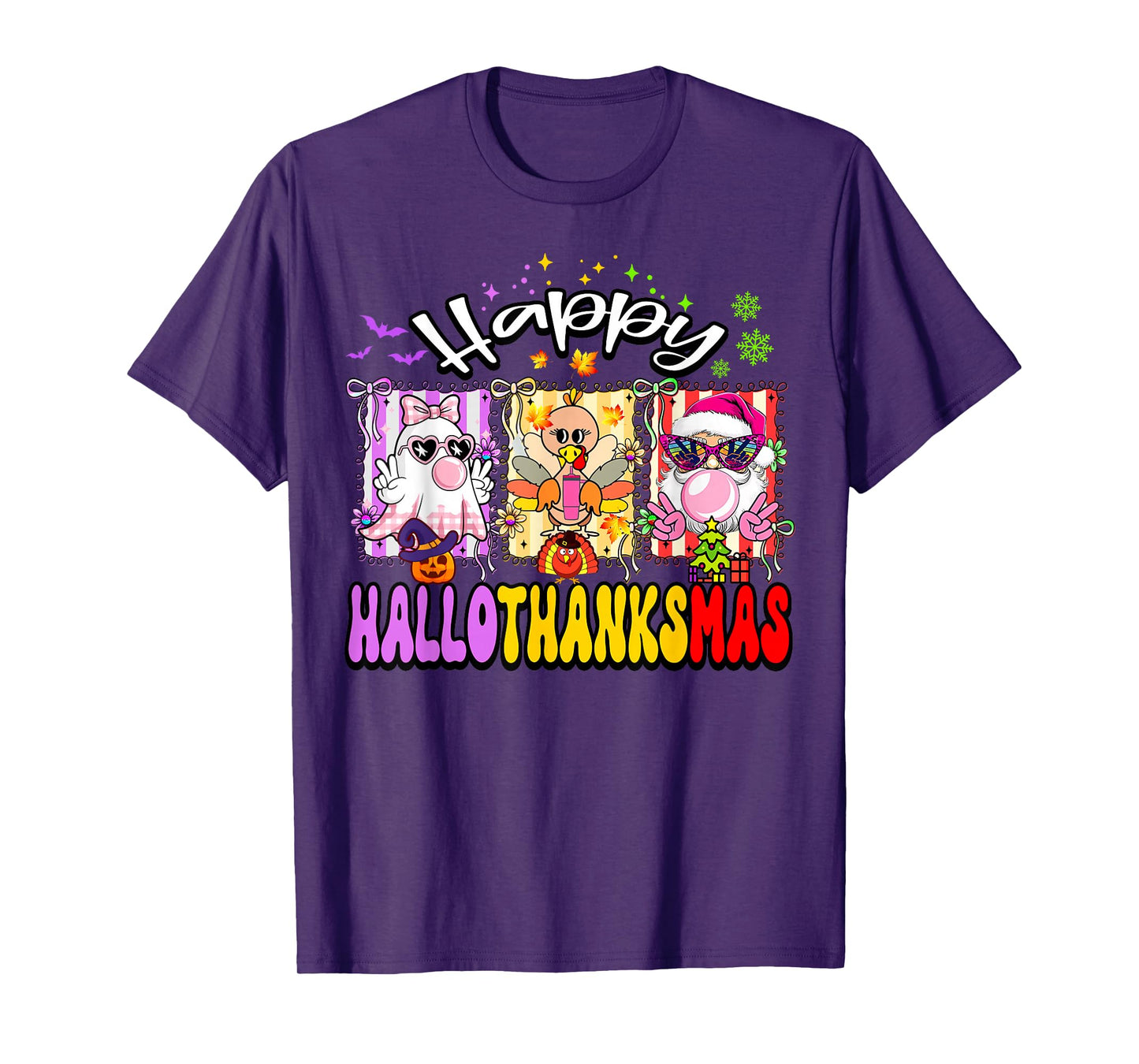 Hallothanksmas Coquette Bowbubble Blowing Ghost Turkey Santa T-Shirt