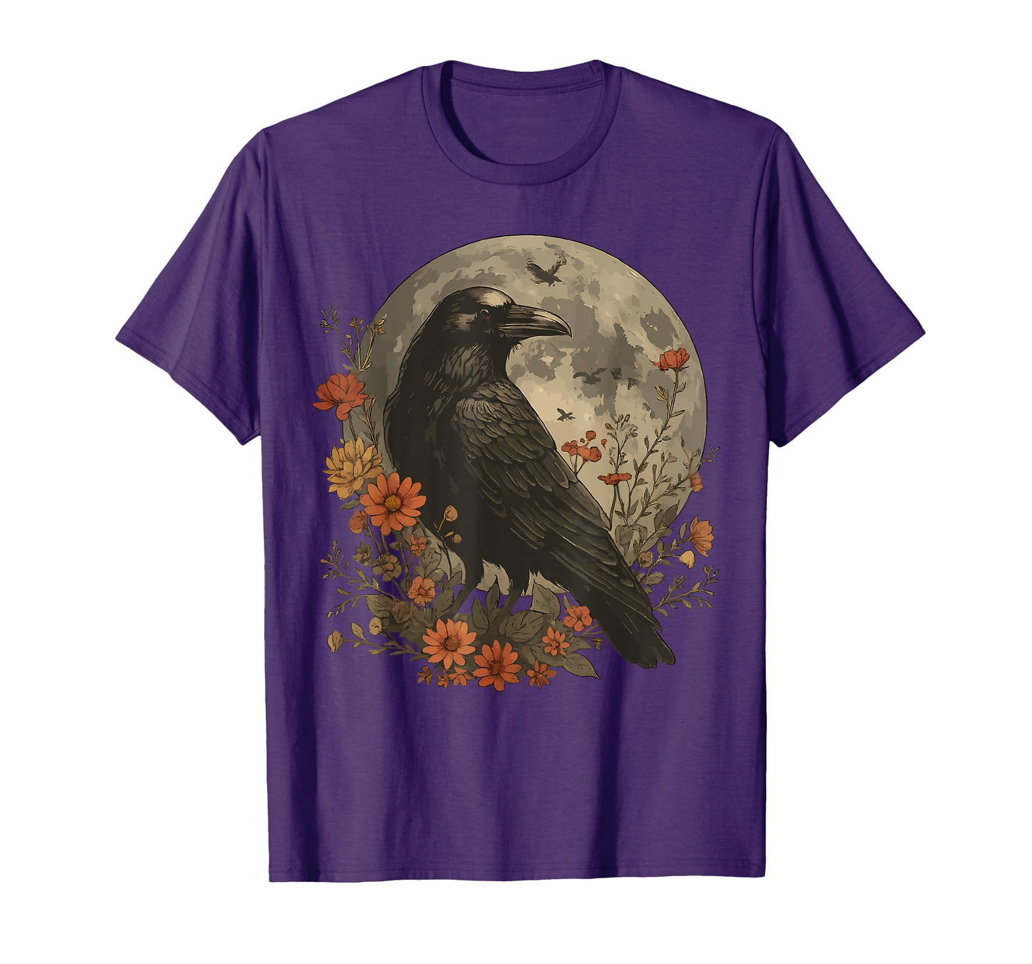 Mystic Raven Full Moon Gothic Crow Bird Floral Dark Nature T-Shirt