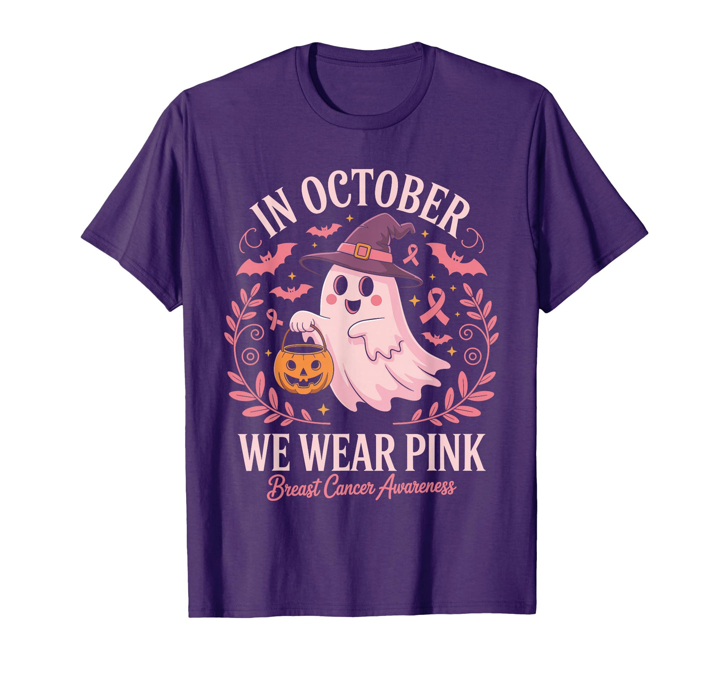 in October We Wear Pink Breast Cancer Awareness Ghost T-Shirt