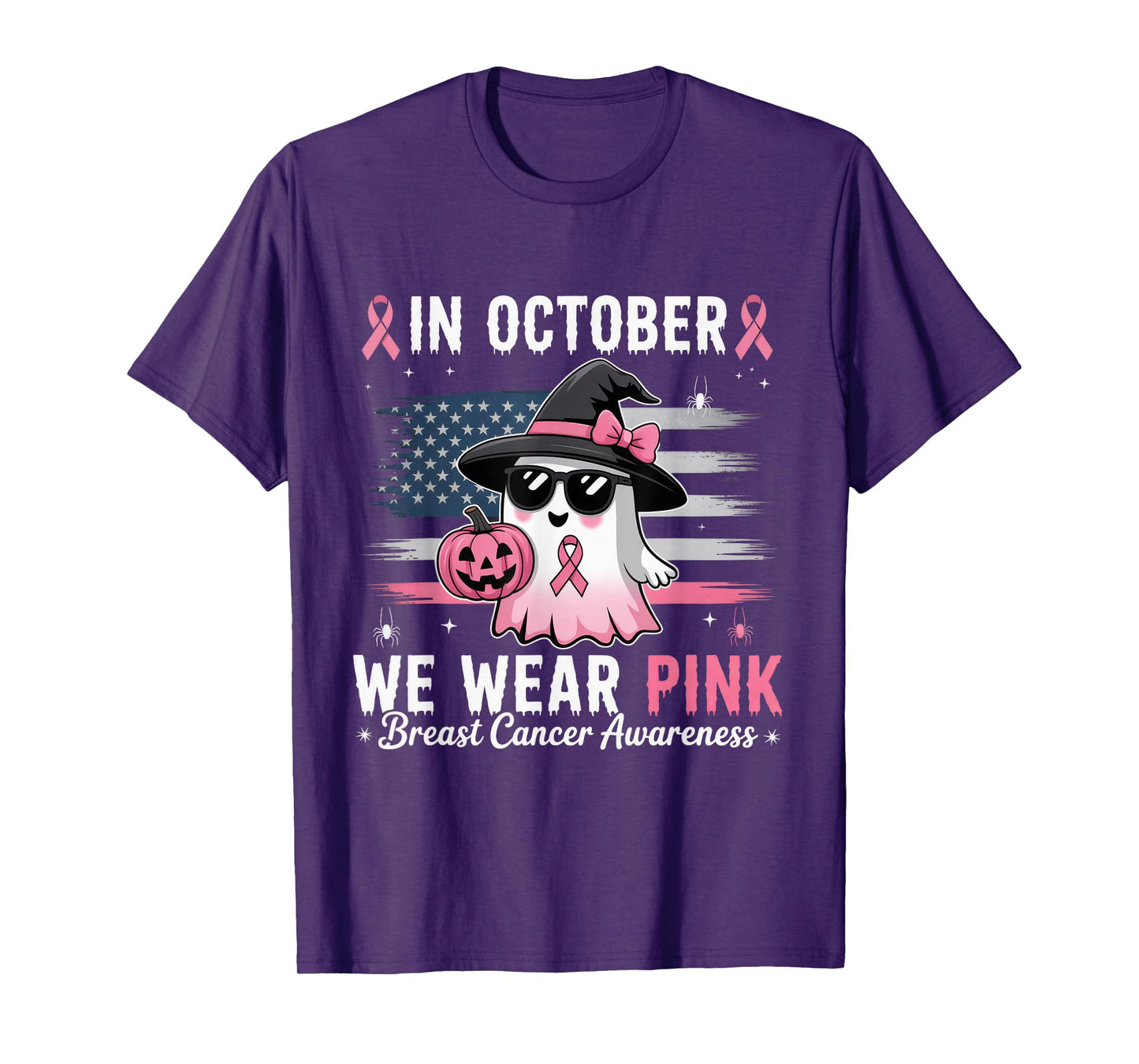 in October We Wear Pink Ghost Witch Breast Cancer Awareness T-Shirt