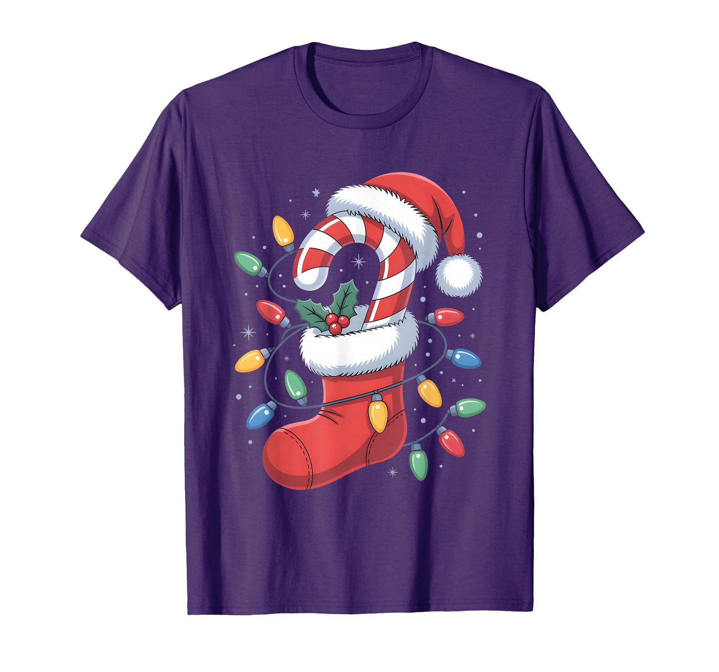 Christmas Stocking Candy Cane Santa Lights Women Men Kids T-Shirt
