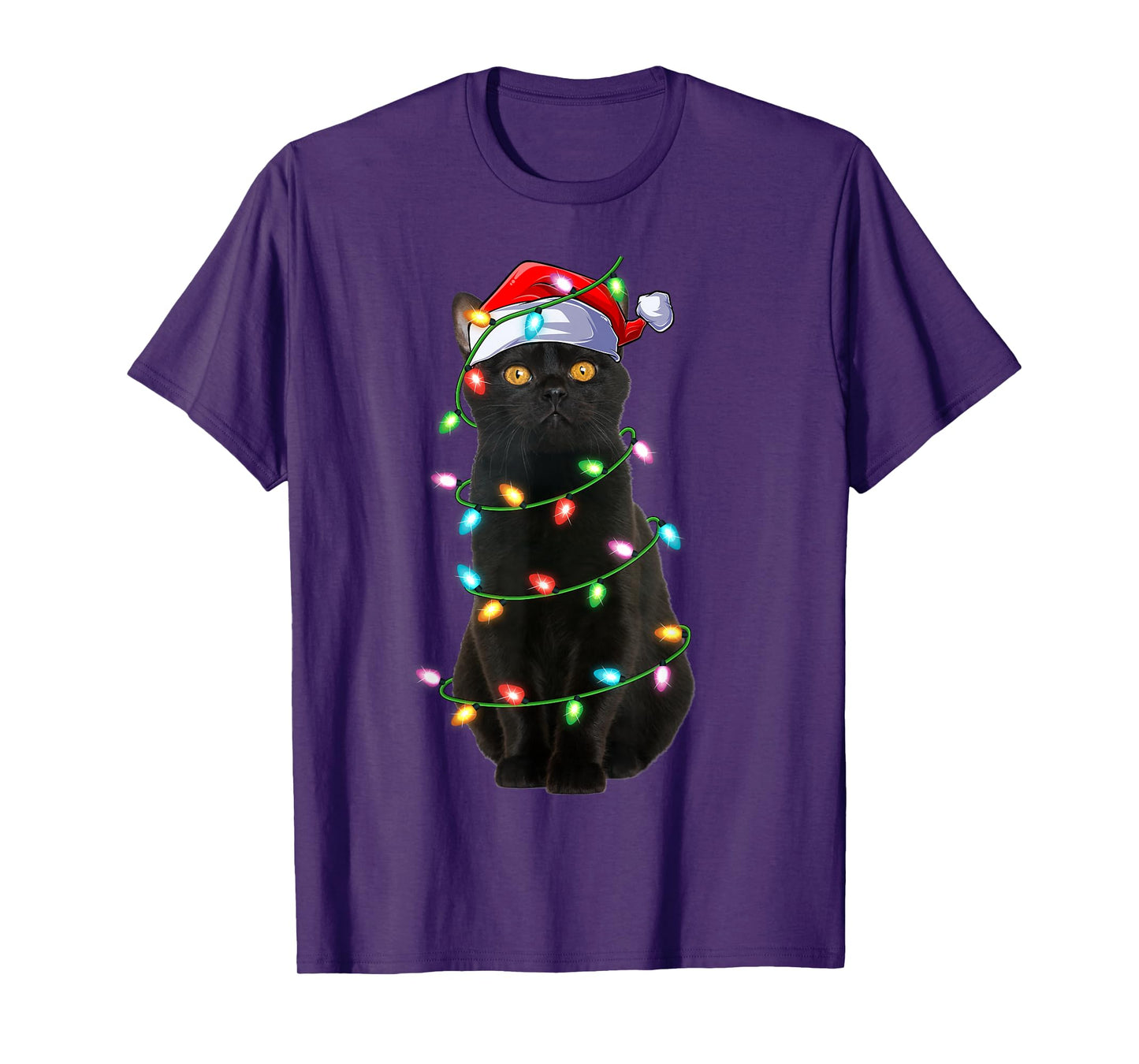 Black Cat Christmas Lights Funny Santa Hat Cat Xmas T-Shirt