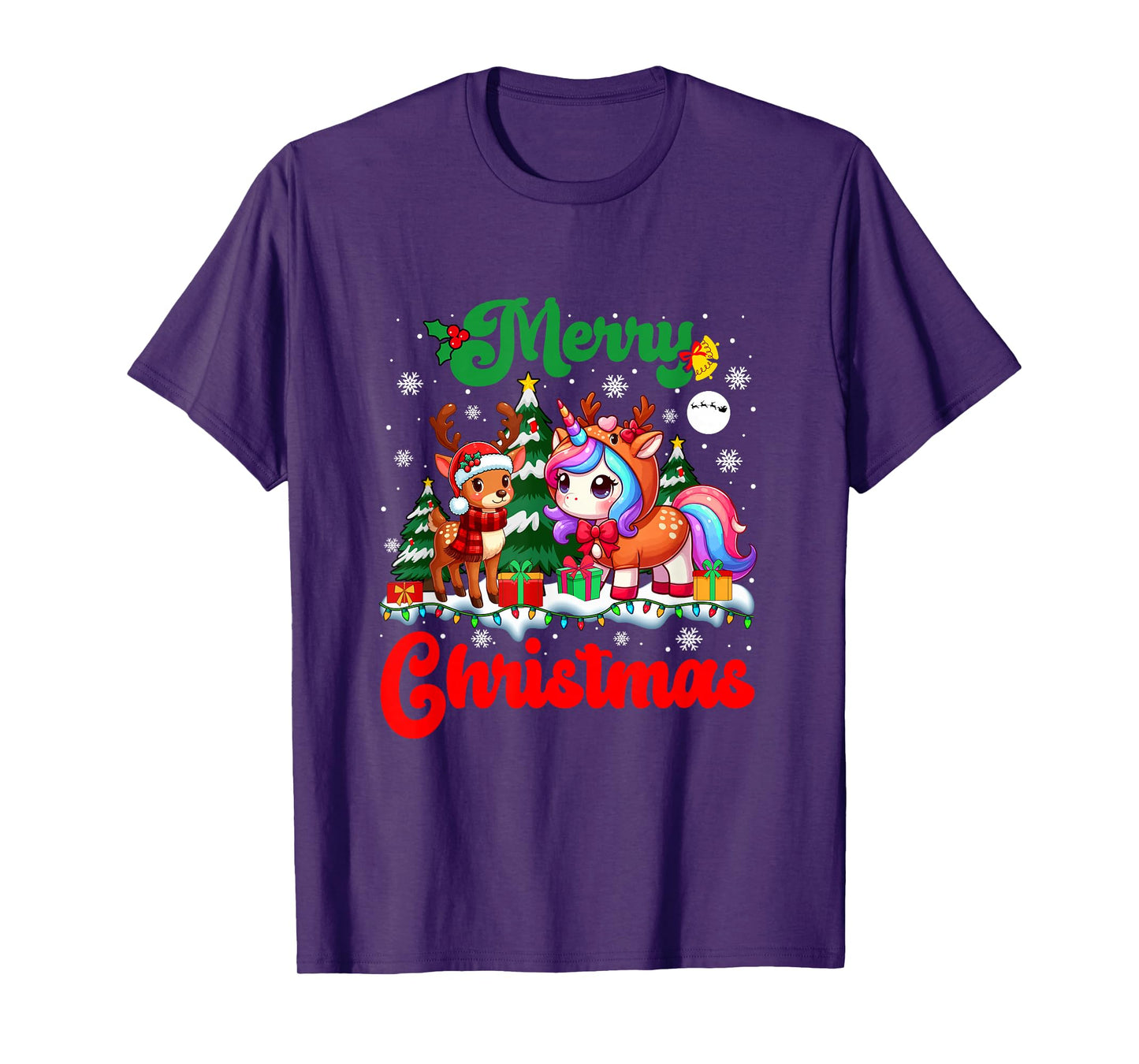 Merry Christmas Reindeer Unicorn Colorful Lights Xmas Tree T-Shirt
