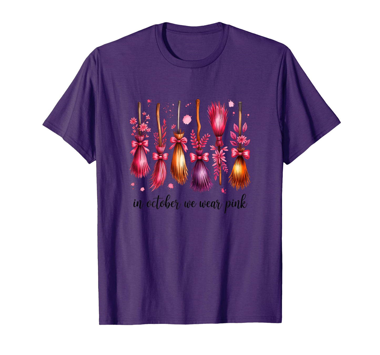 in October We Wear Pink Witches Brooms Spooky Breast Cancer T-Shirt