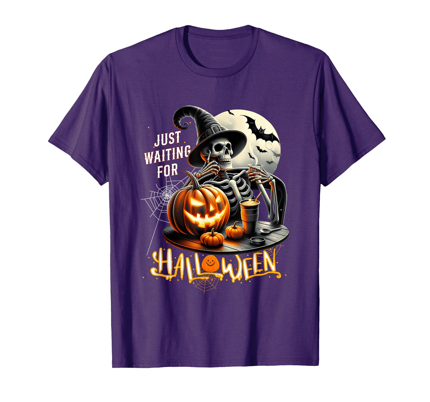 JustWaiting for Halloween Skeleton Witch Pumpkin Ghost T-Shirt